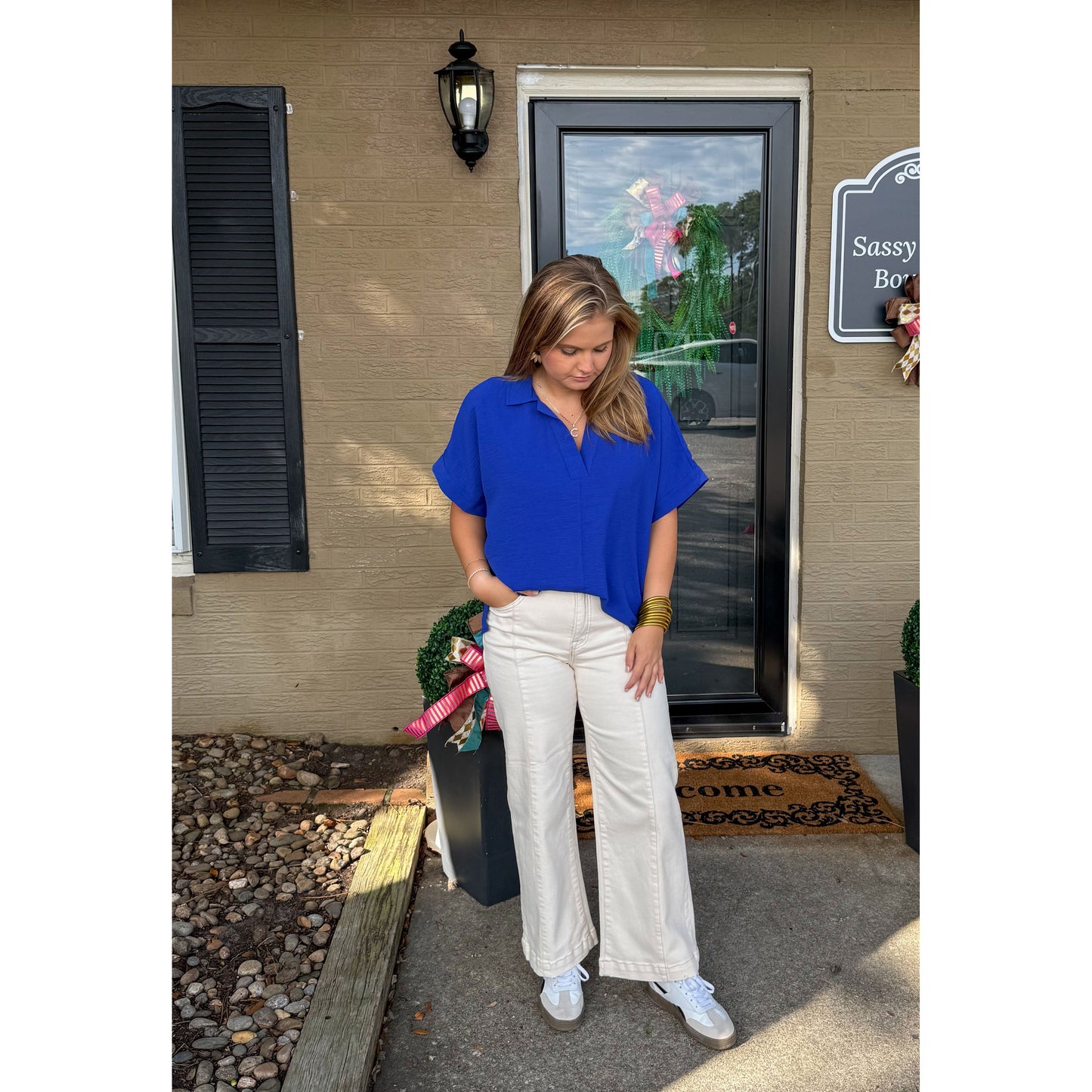 Julianna V-Neck/Collar Top, Royal Blue