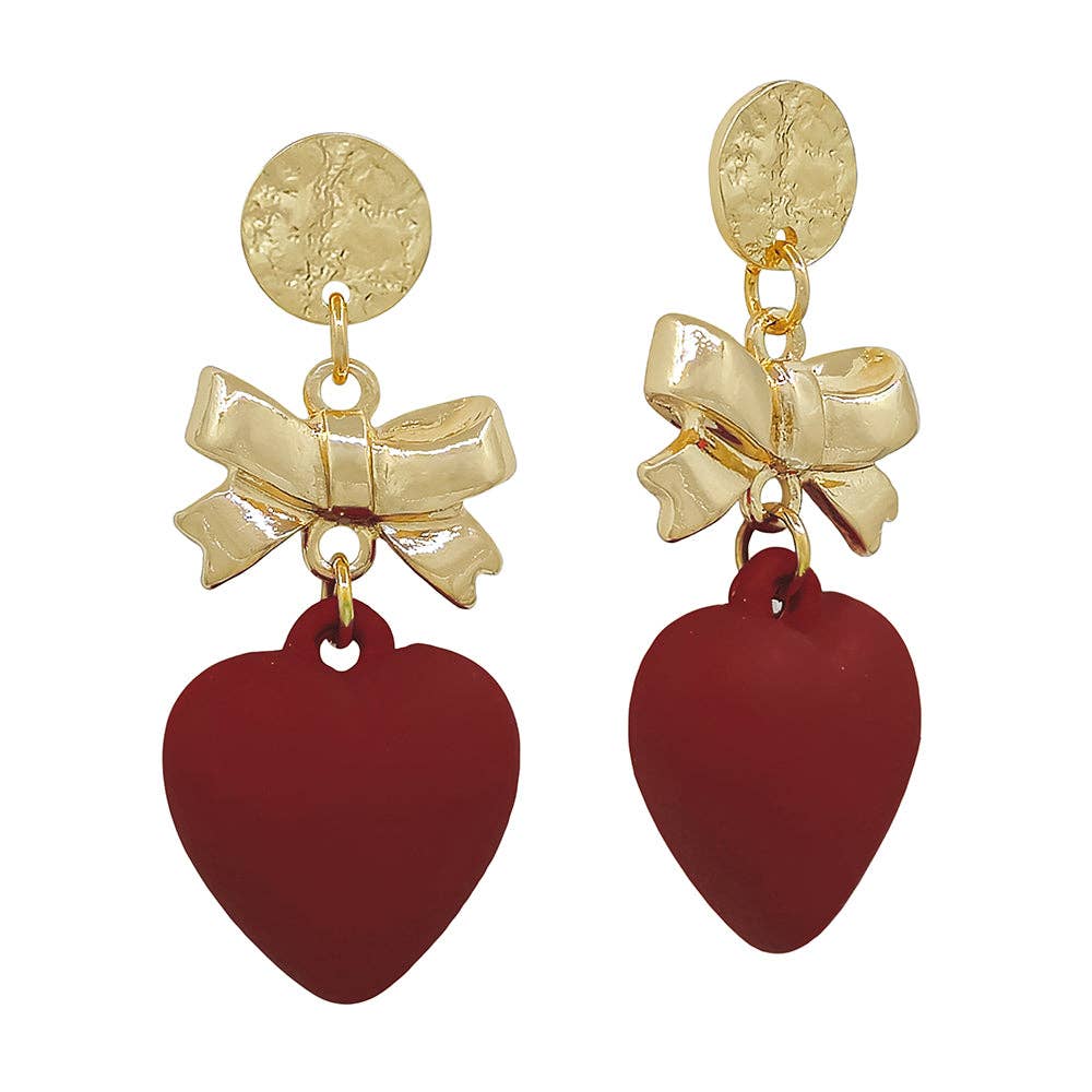 Stud w/ Gold Bow & Maroon Heart Drop Earring