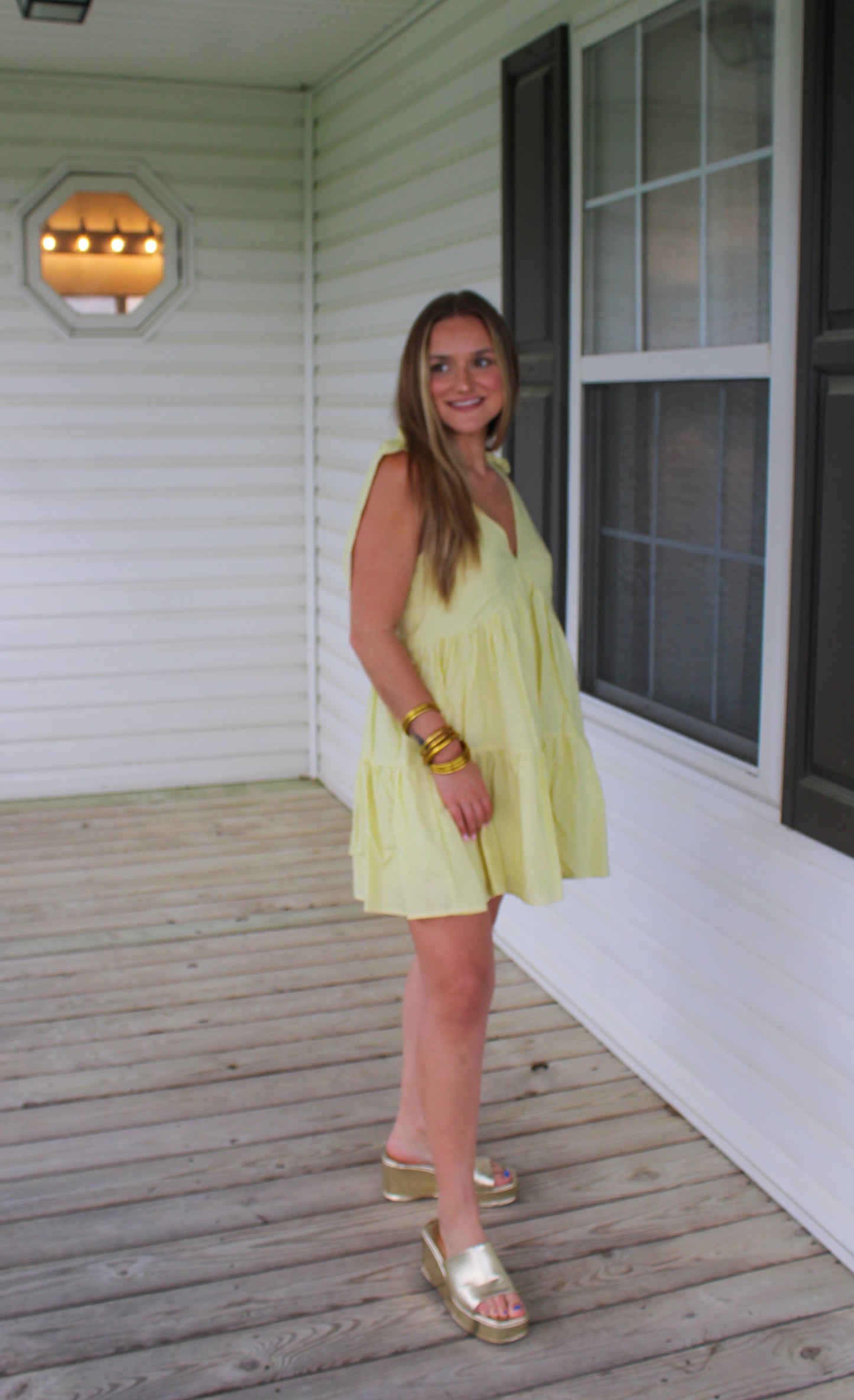 Vanessa Gingham Babydoll Dress, Baby Yellow/White
