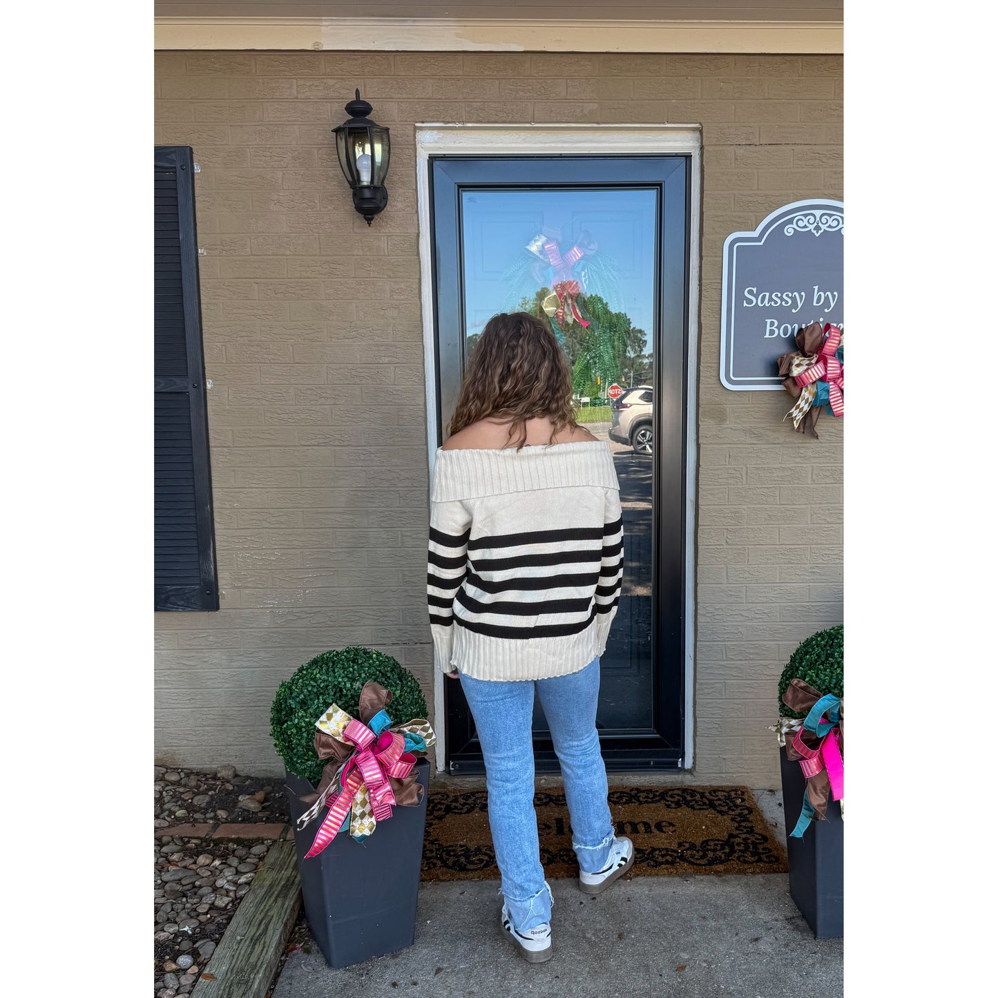 Raelyn Stripe OTS Sweater, Ivory/Black