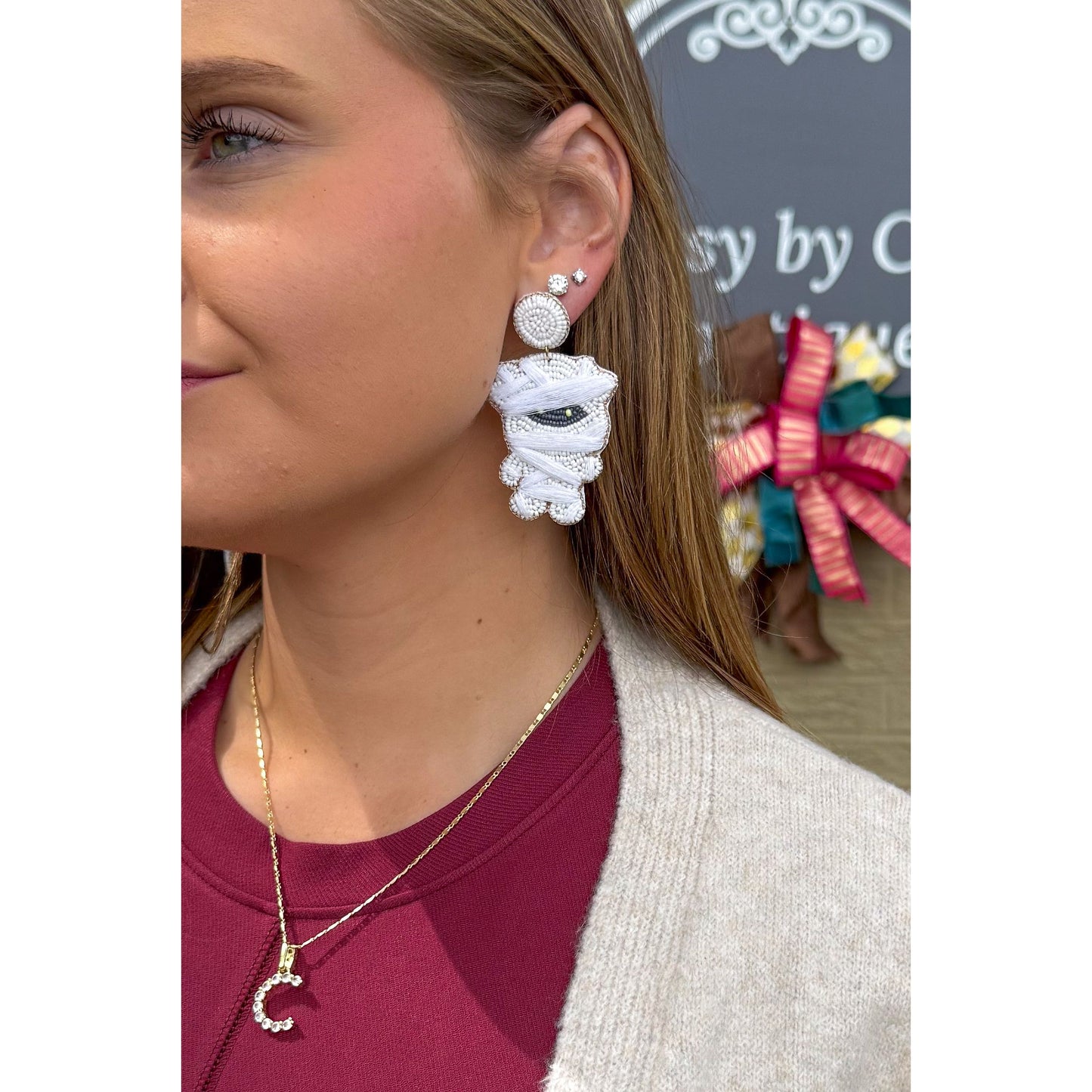 Mummy Beaded Earrings, White