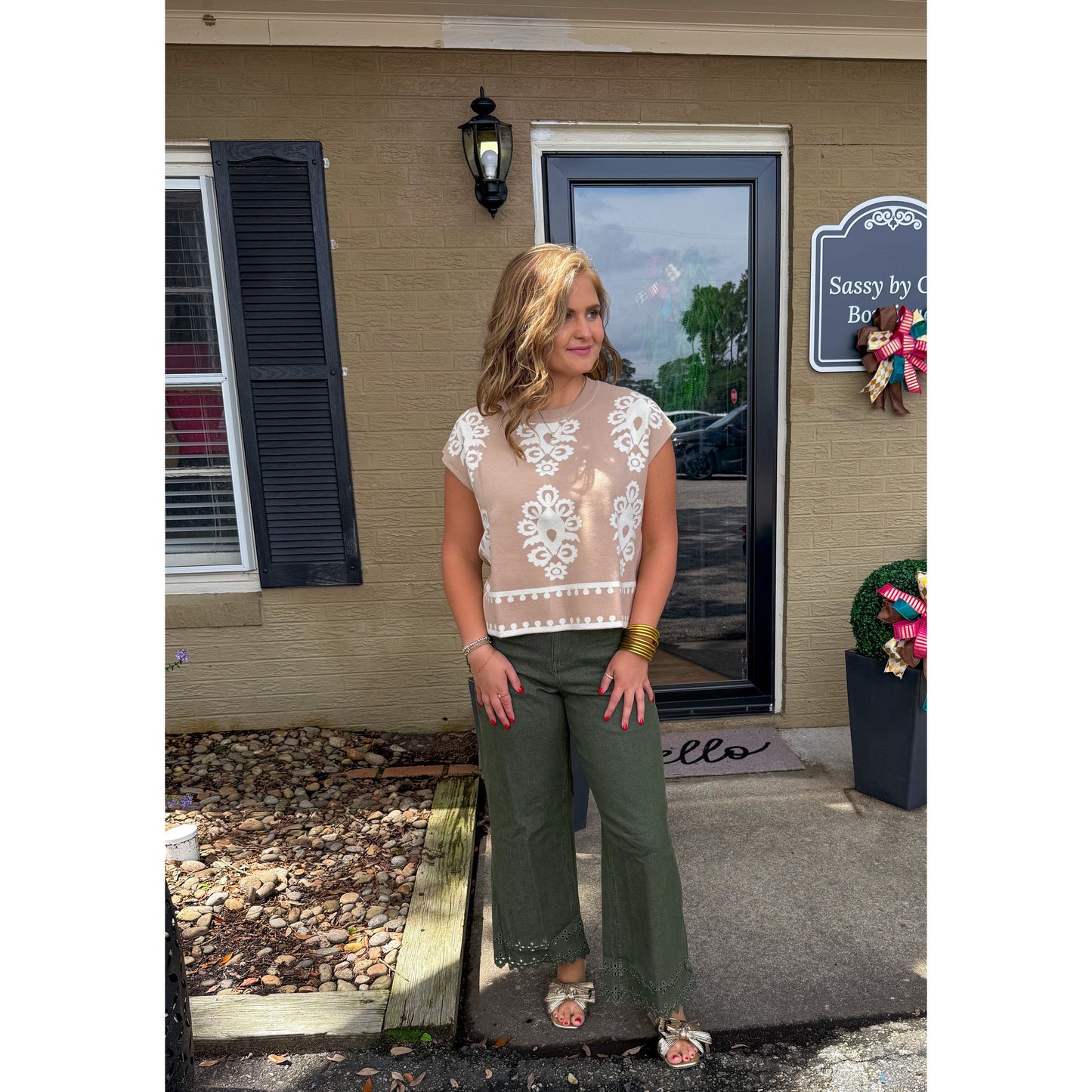 Darby Pattern Knit Top, Ivory/Taupe