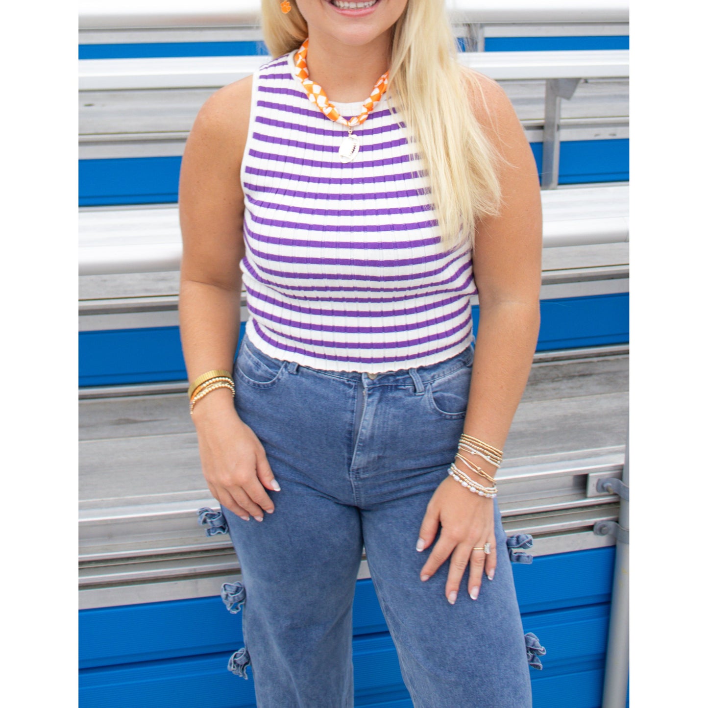 Collins Stripe Top, White/Purple