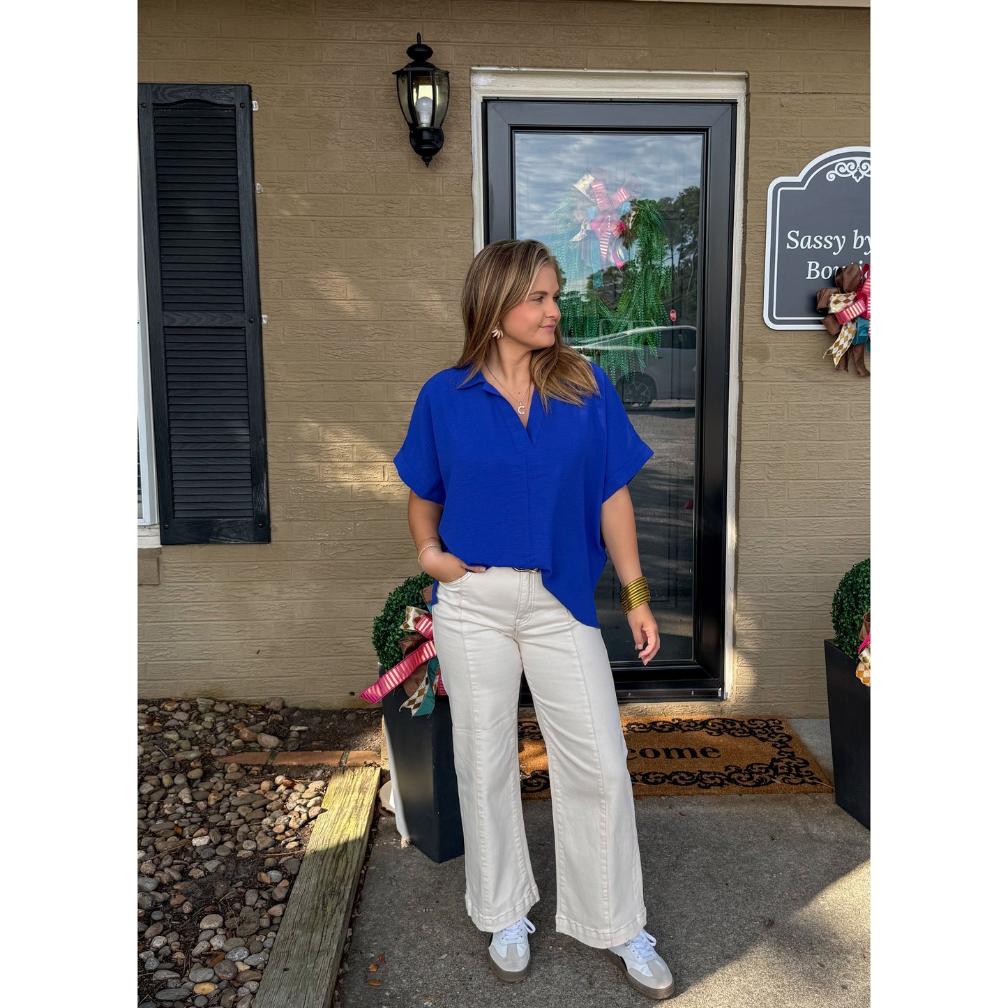 Julianna V-Neck/Collar Top, Royal Blue