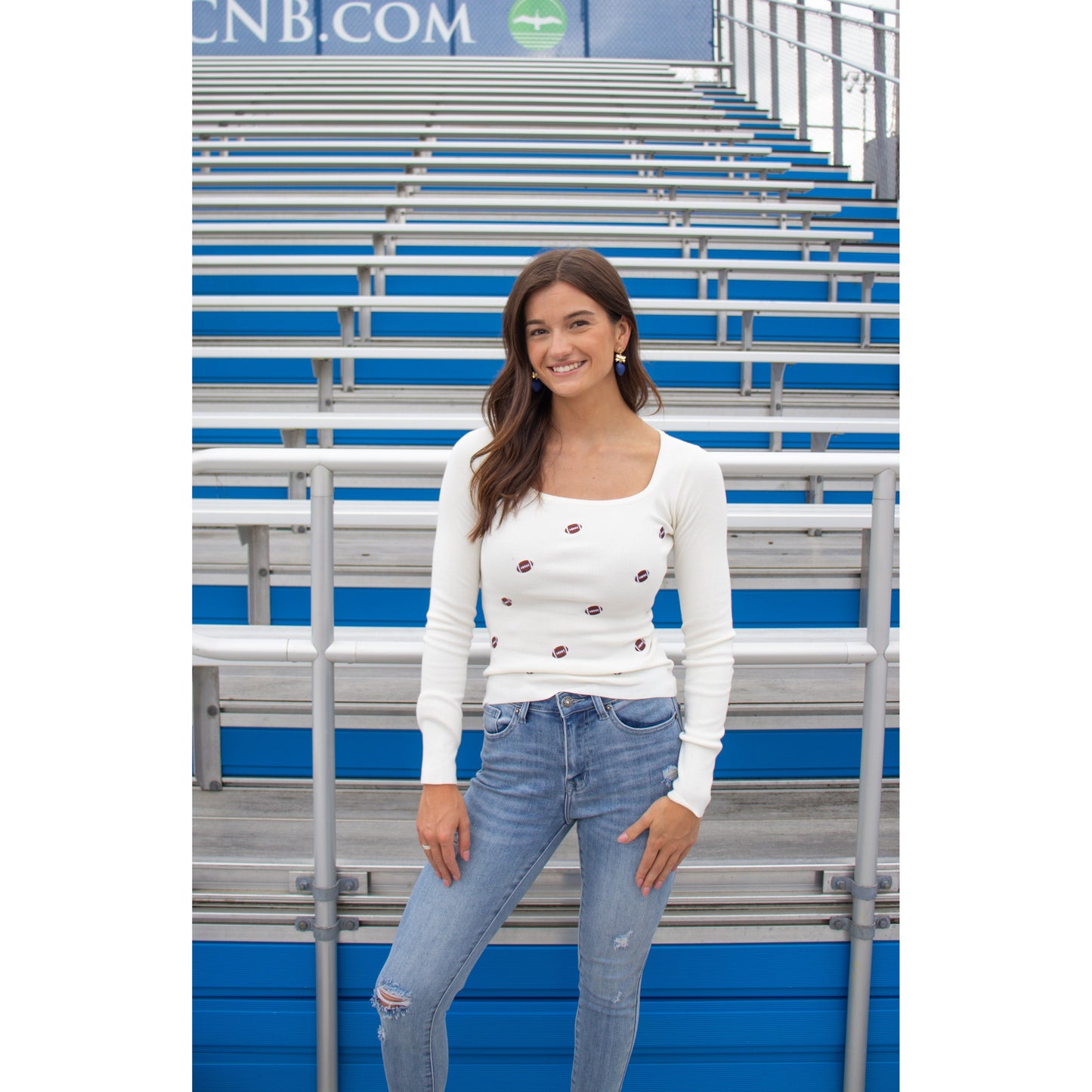 Sweater Knit Top w/ Footballs, Ivory