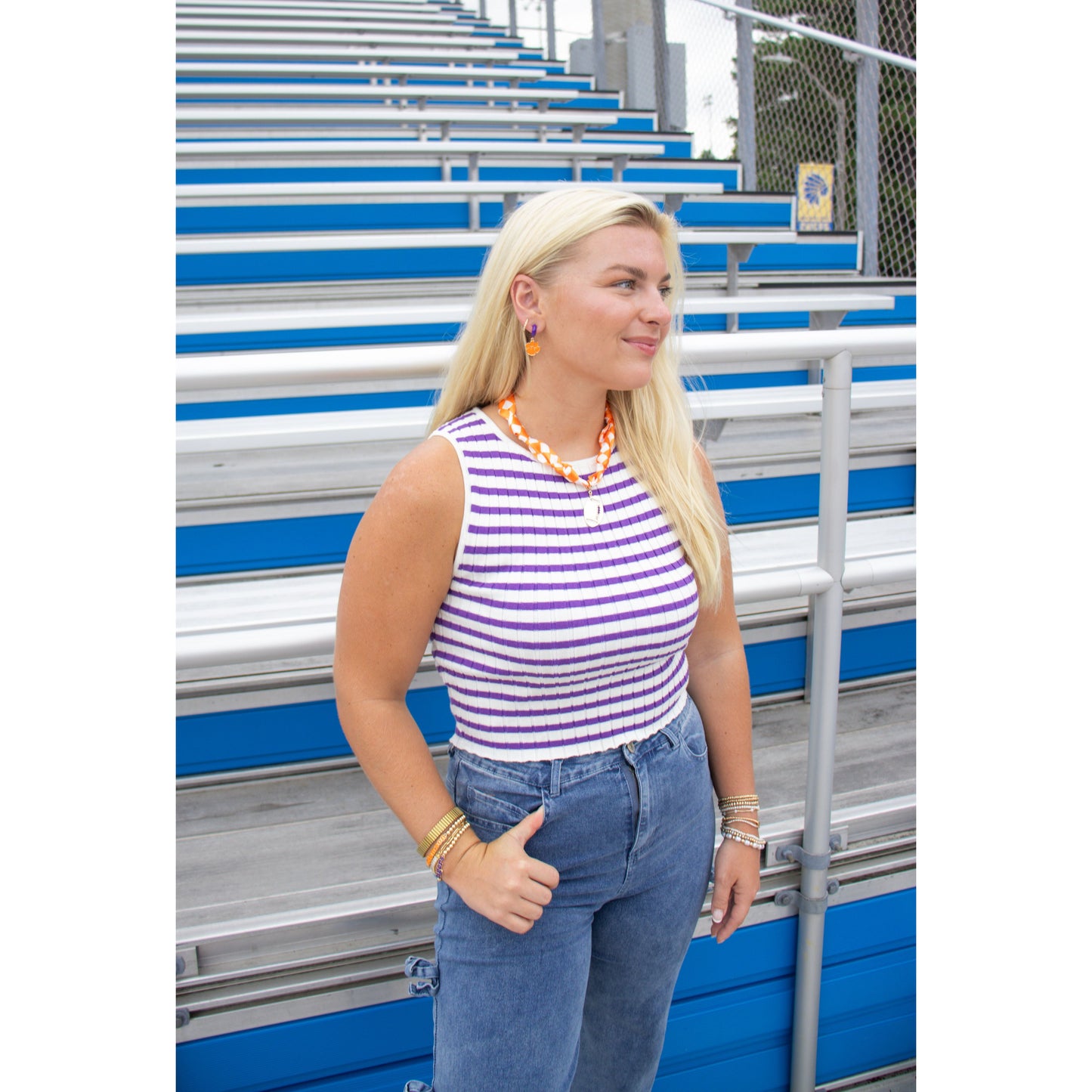 Collins Stripe Top, White/Purple