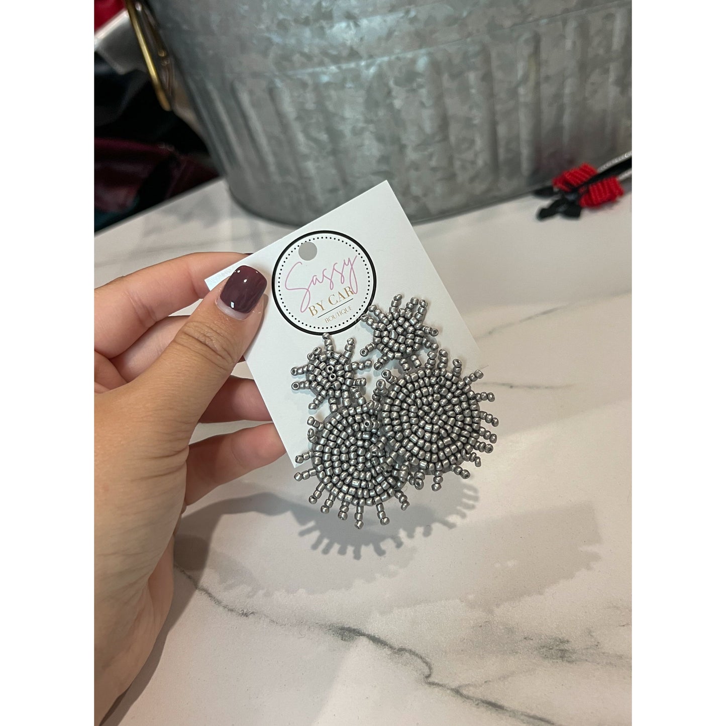 Disc Beaded Earrings, Grey