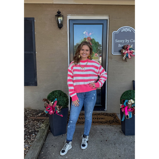 Demi Stripe Sweater, Pink/Off White