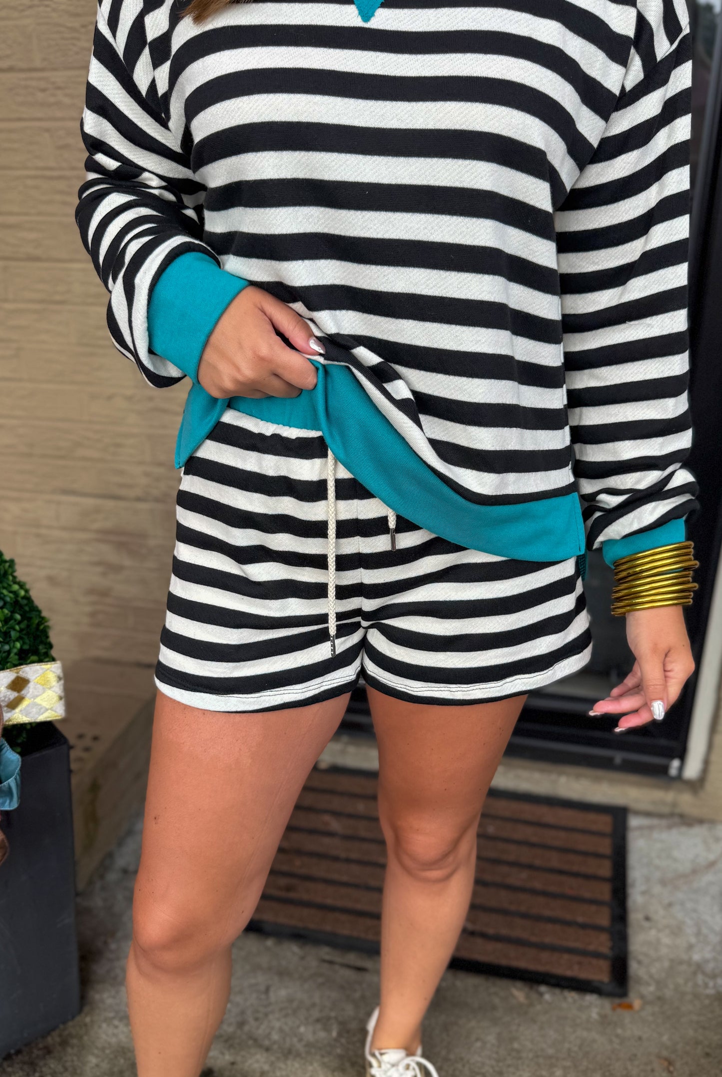 Henley Stripe Lounge Set, Black/Teal
