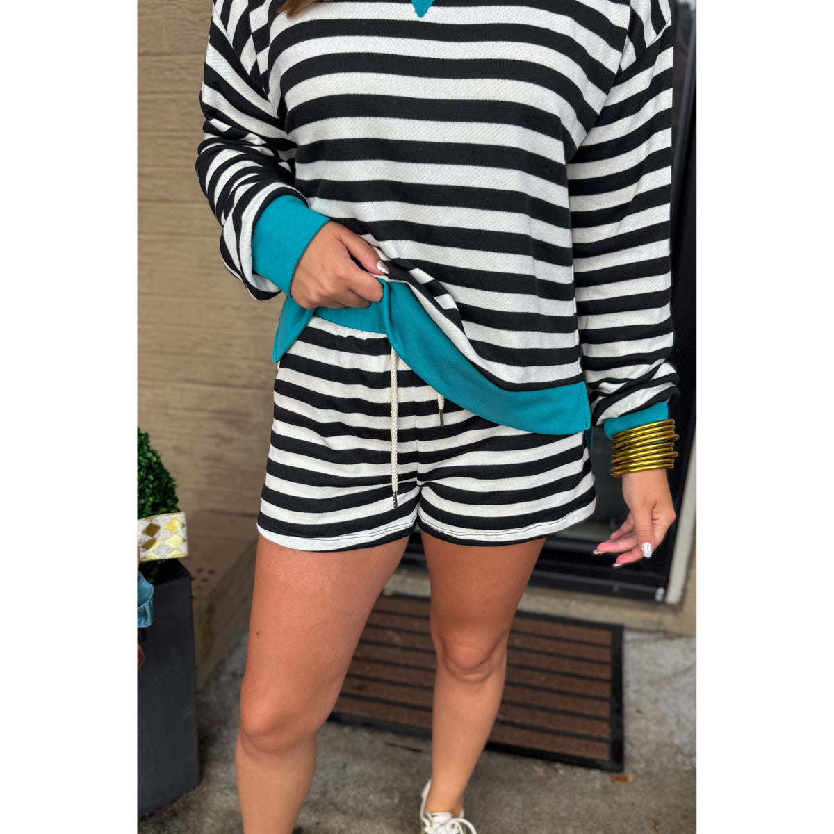 Henley Stripe Lounge Set, Black/Teal