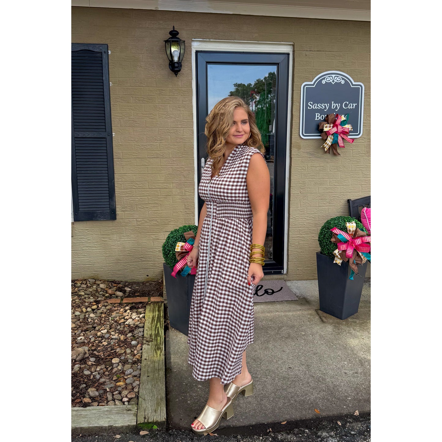 Gingham Detail Midi Dress, Chocolate/White