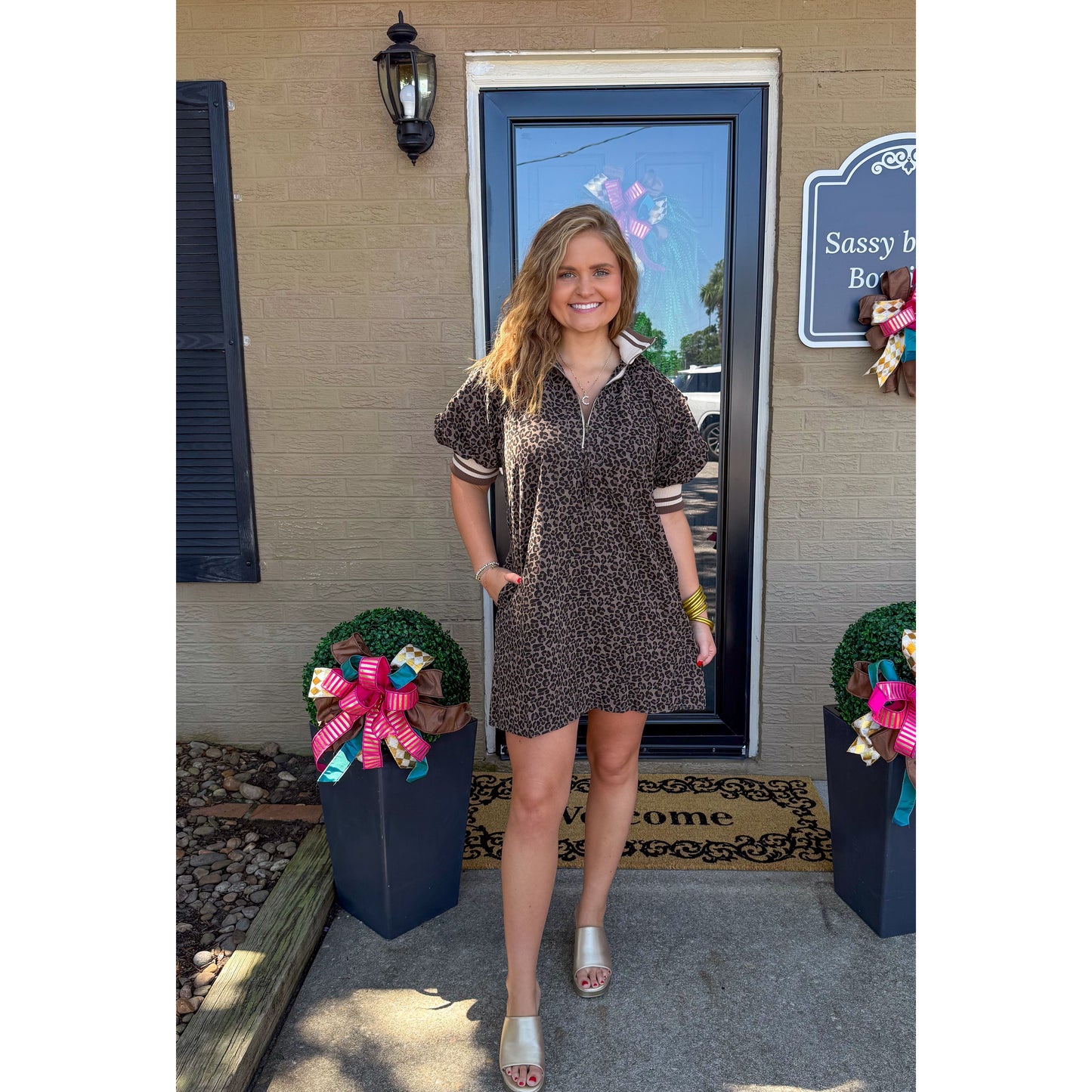 Leopard Mini Dress, Espresso/Black