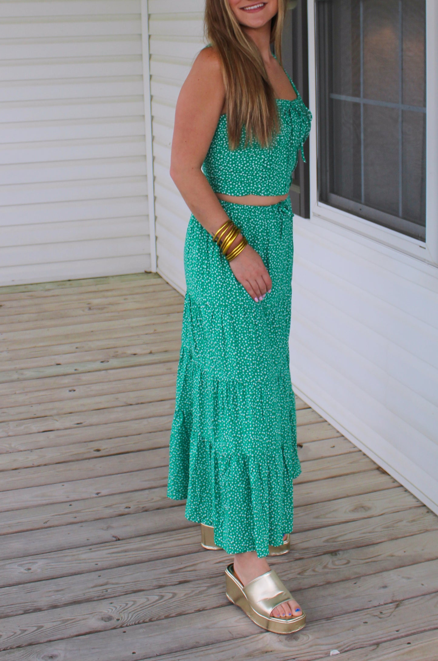 Kayla Floral Two Piece Set, Kelly Green/White