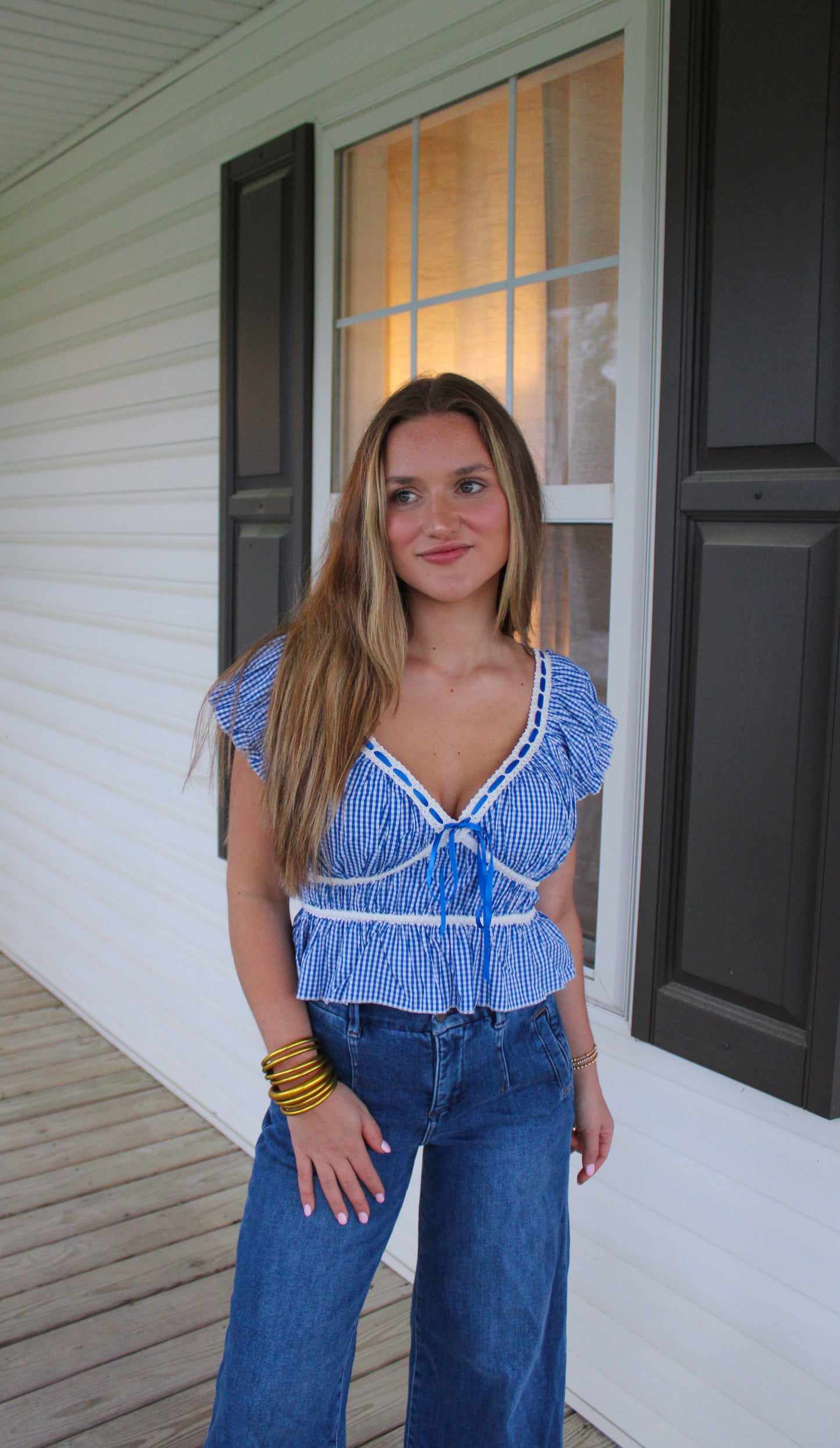 Hattie Gingham Top, Royal Blue/White