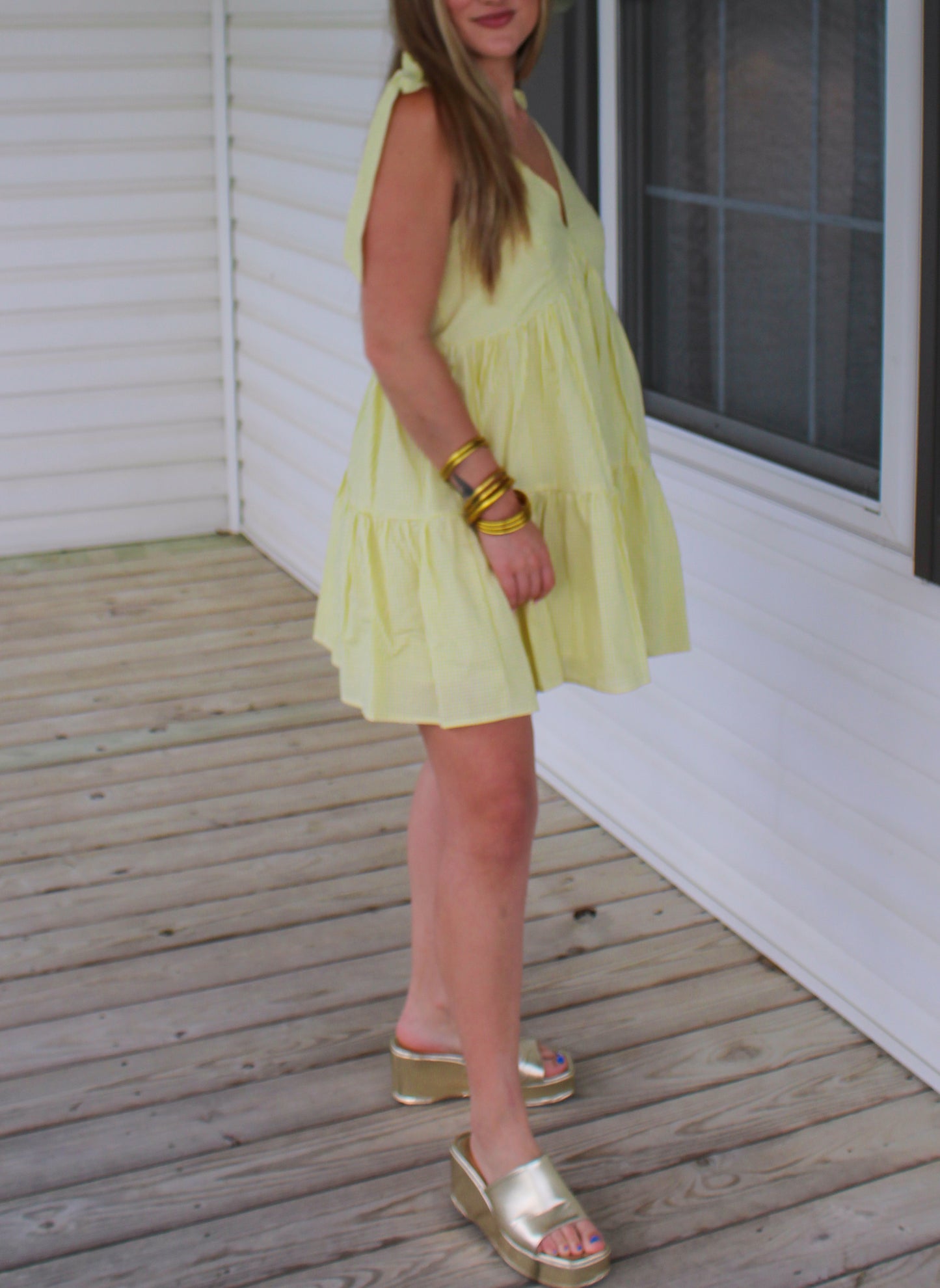 Vanessa Gingham Babydoll Dress, Baby Yellow/White