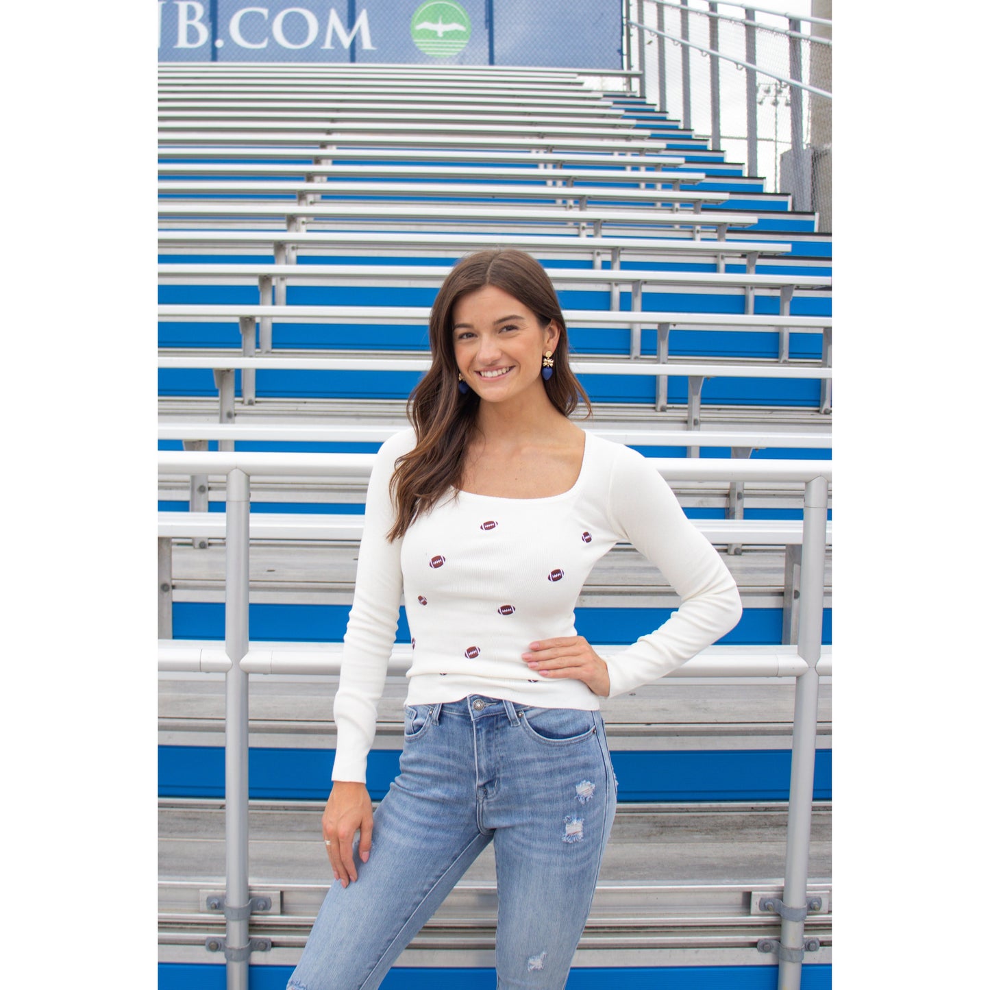 Sweater Knit Top w/ Footballs, Ivory