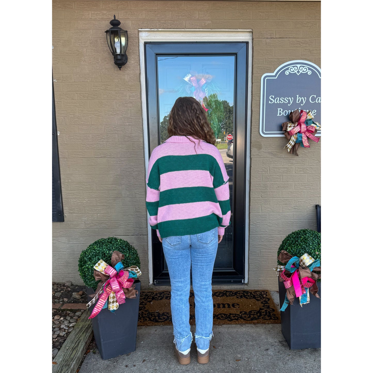 Hunter Stripe Sweater, Pink/Kelly Green
