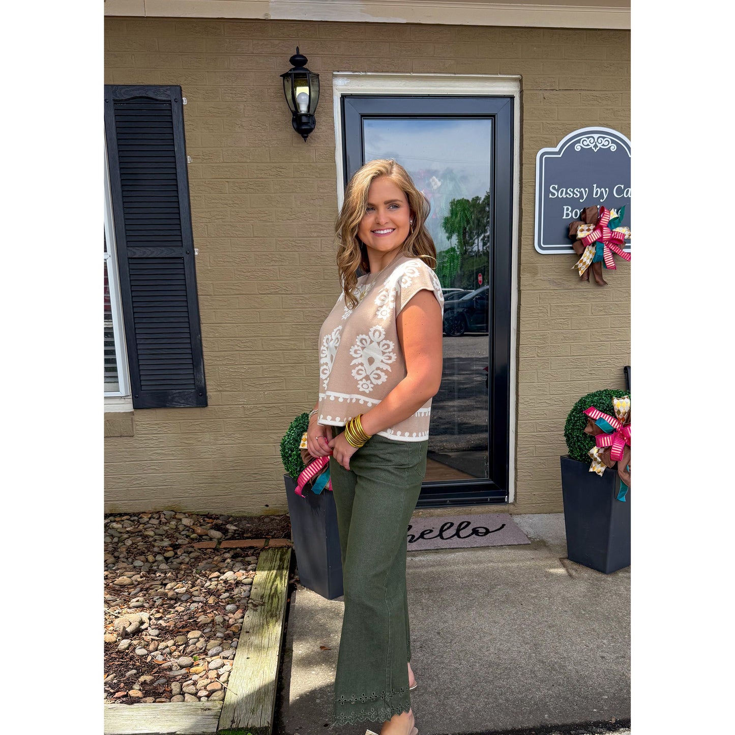 Darby Pattern Knit Top, Ivory/Taupe