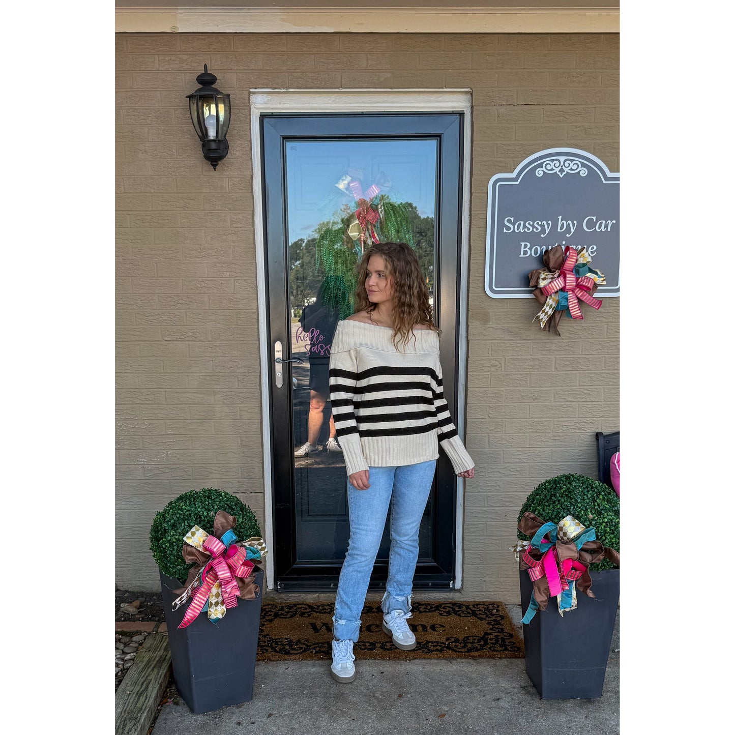 Raelyn Stripe OTS Sweater, Ivory/Black