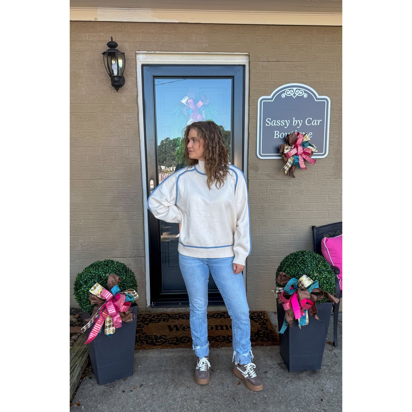 Peyton Sweater, Cream/Baby Blue