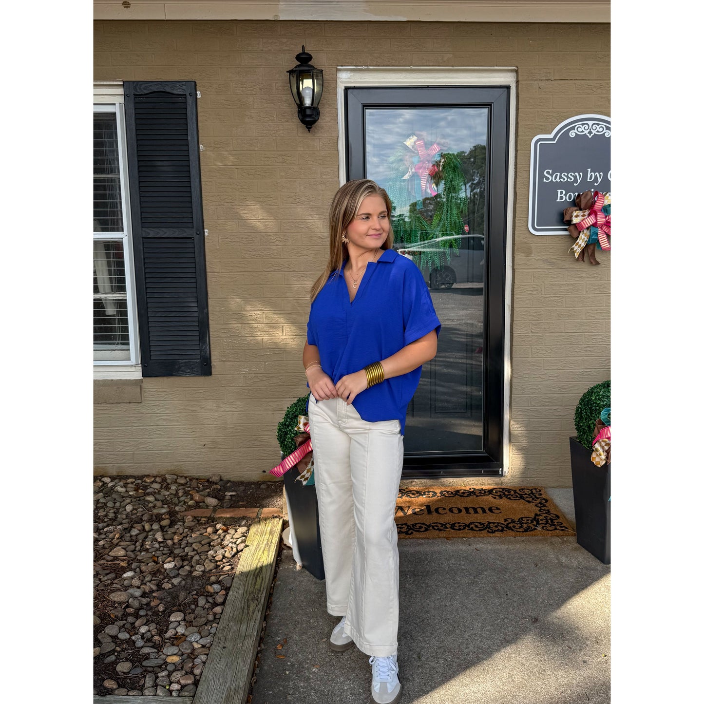 Julianna V-Neck/Collar Top, Royal Blue