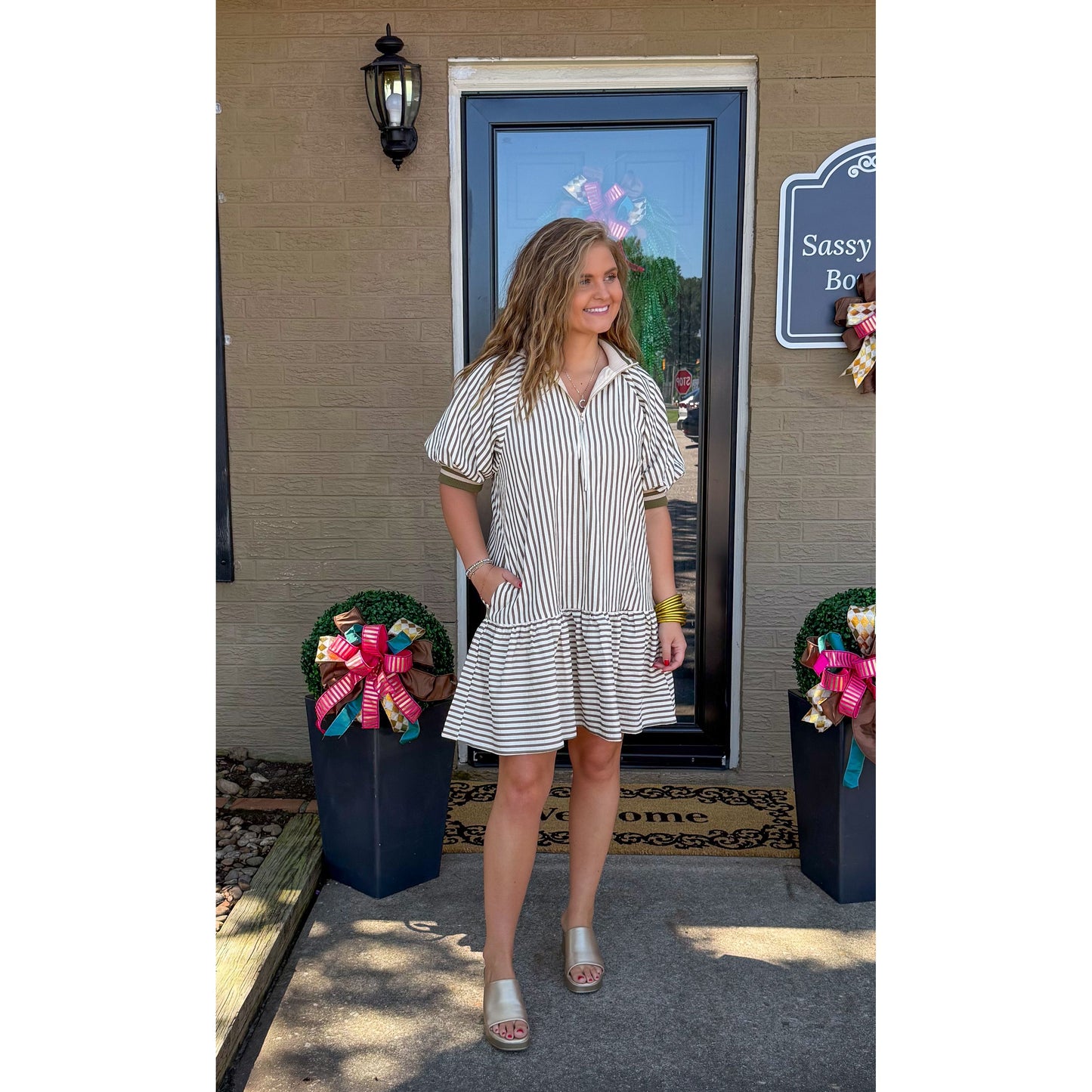 Haley Stripe Mini Dress, Cream/Olive