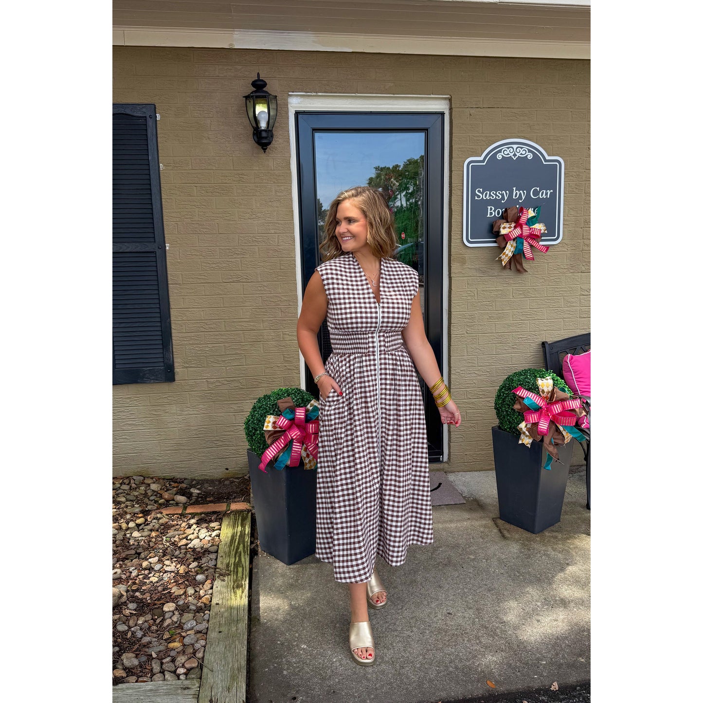 Gingham Detail Midi Dress, Chocolate/White