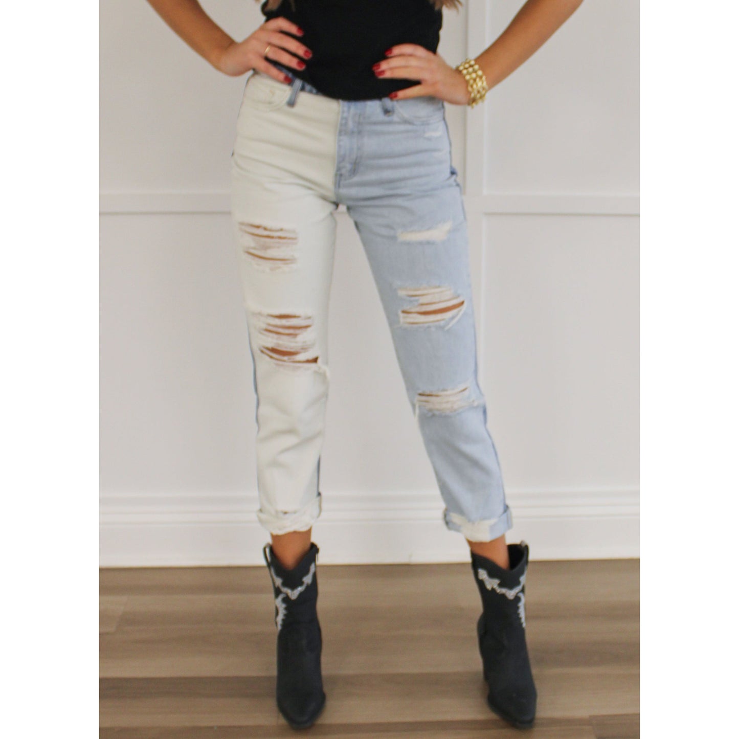 Skye Distressed Jeans, Two Tone