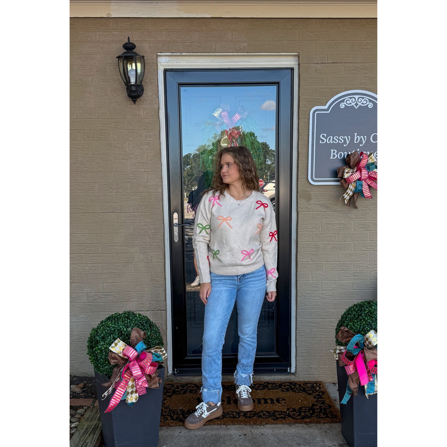 Multi-Color Bow Sweater, Taupe Multi