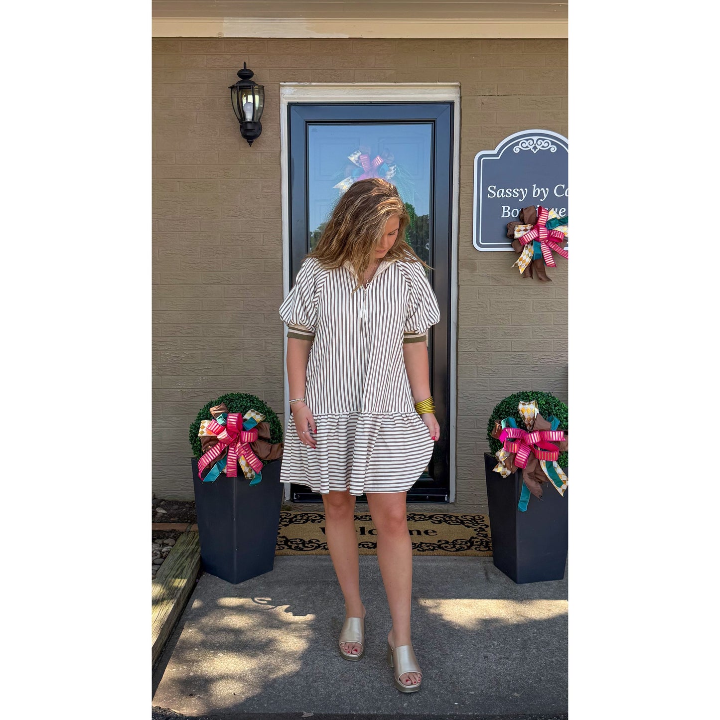 Haley Stripe Mini Dress, Cream/Olive