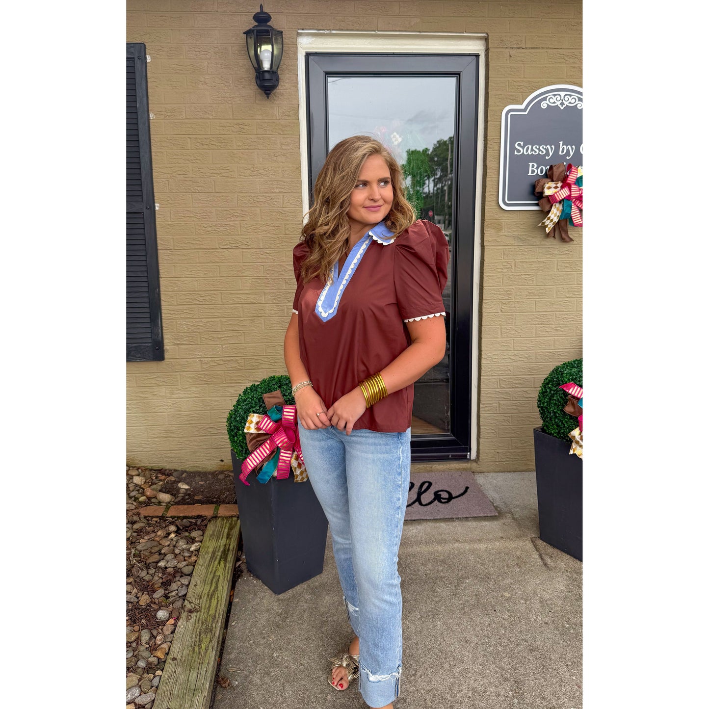 Elena Blouse, Chocolate/Light Blue