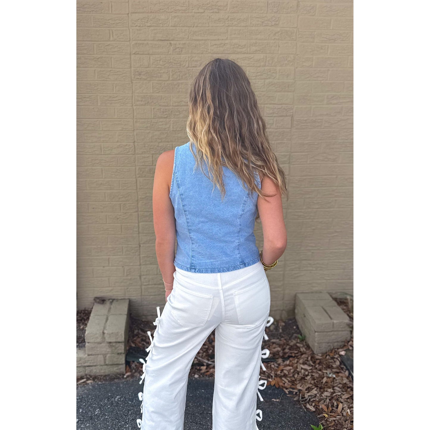 Denim Vest w/ Lace Time, Light Denim/White
