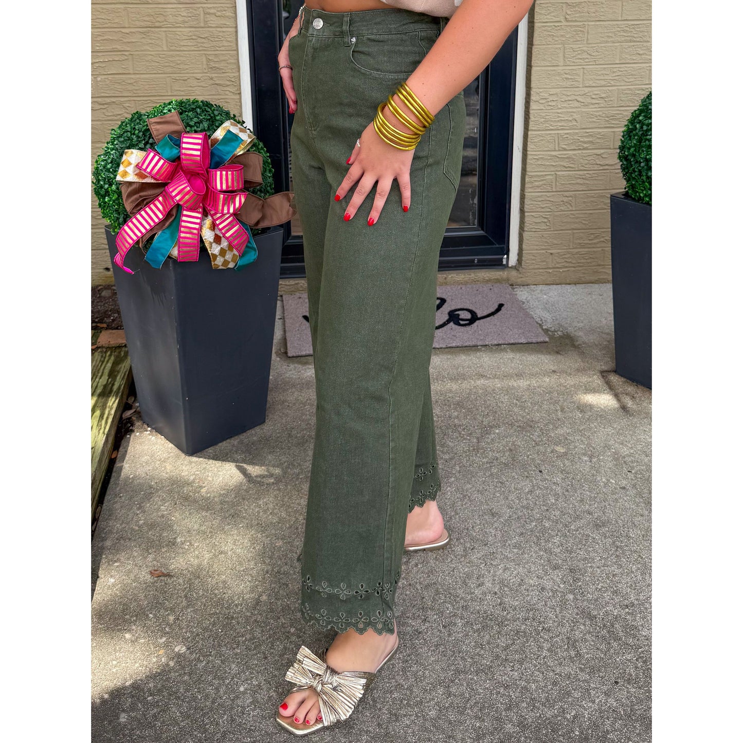 Eyelet Lace Denim Jeans, Olive Green