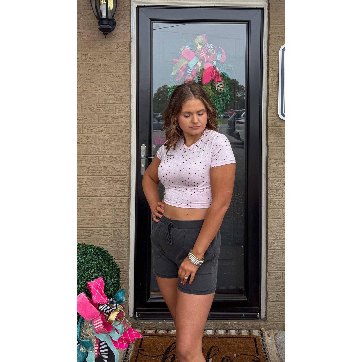 Polka Dot Detail Crop Top, Pink/Black