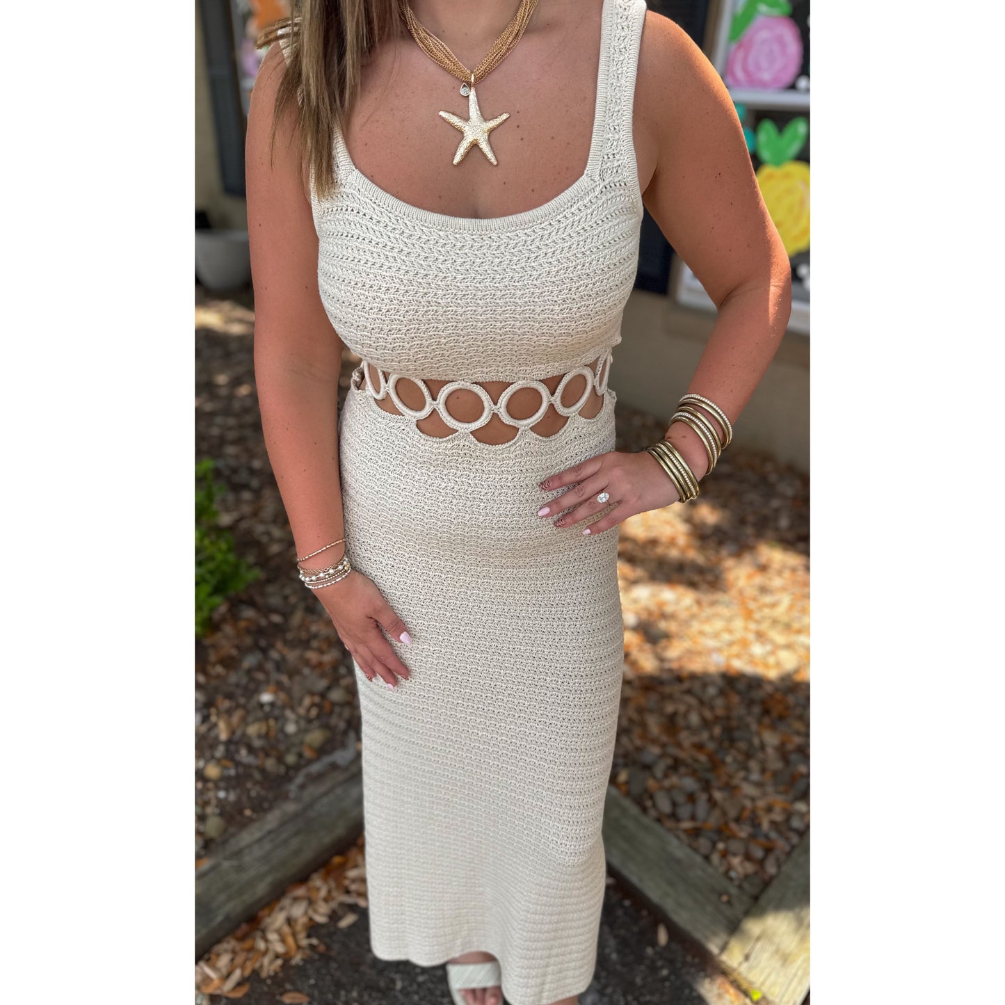 O-Ring Crochet Midi Dress, Cream