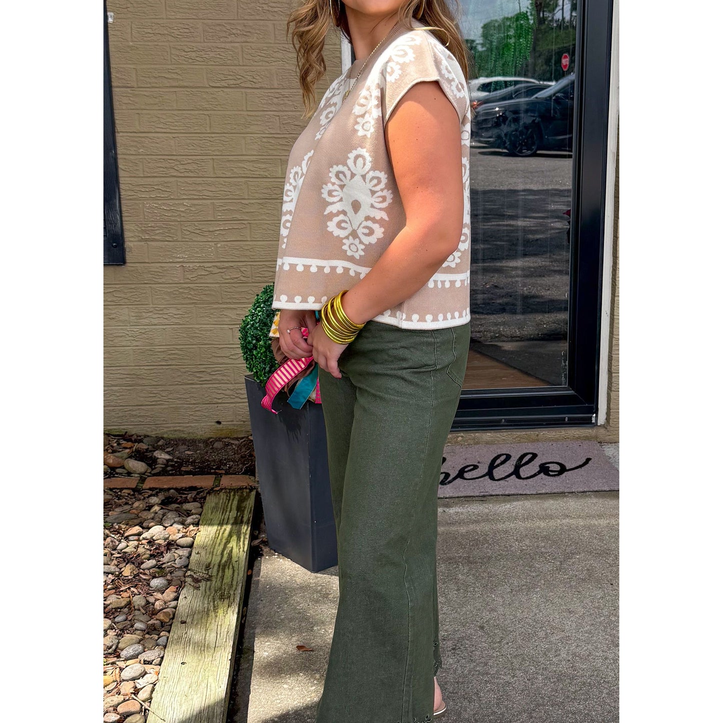 Darby Pattern Knit Top, Ivory/Taupe