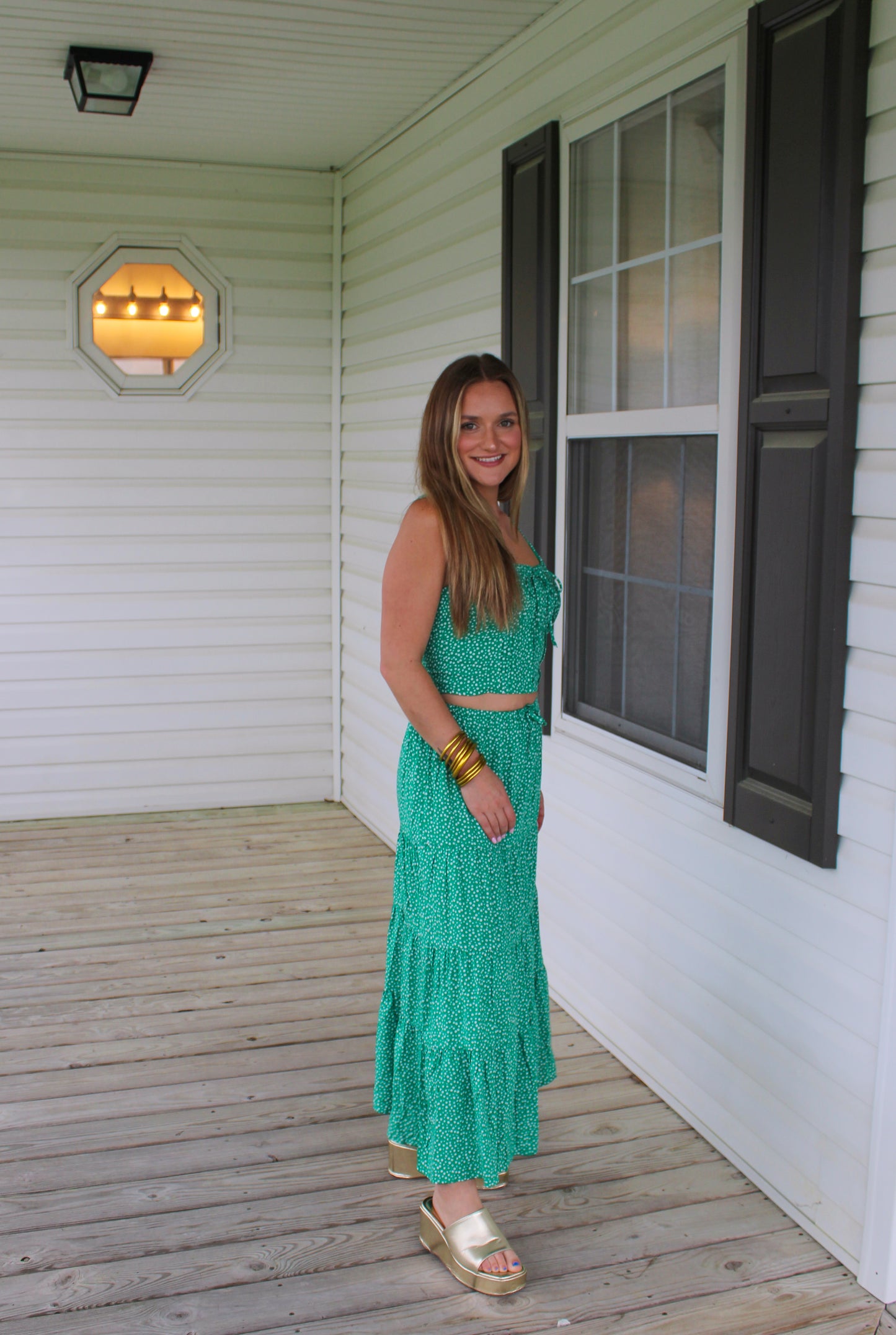 Kayla Floral Two Piece Set, Kelly Green/White