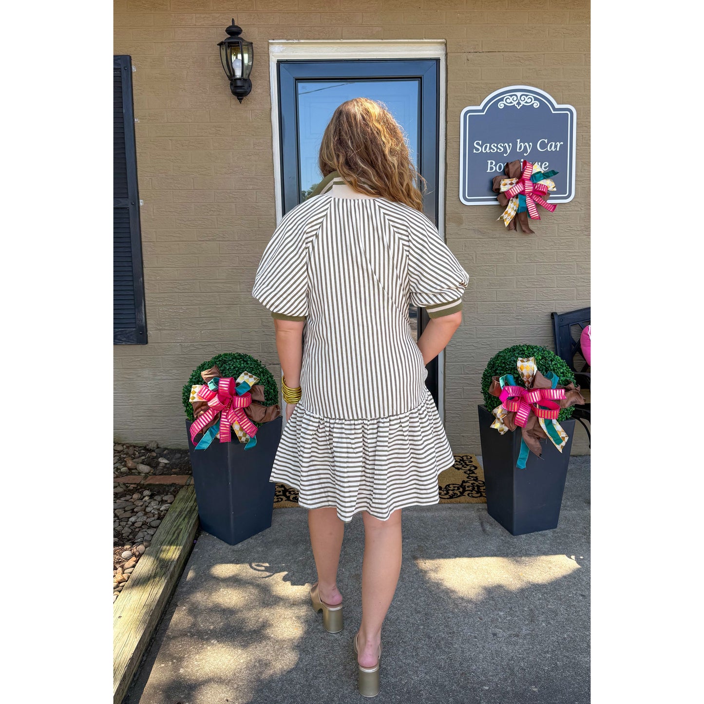 Haley Stripe Mini Dress, Cream/Olive