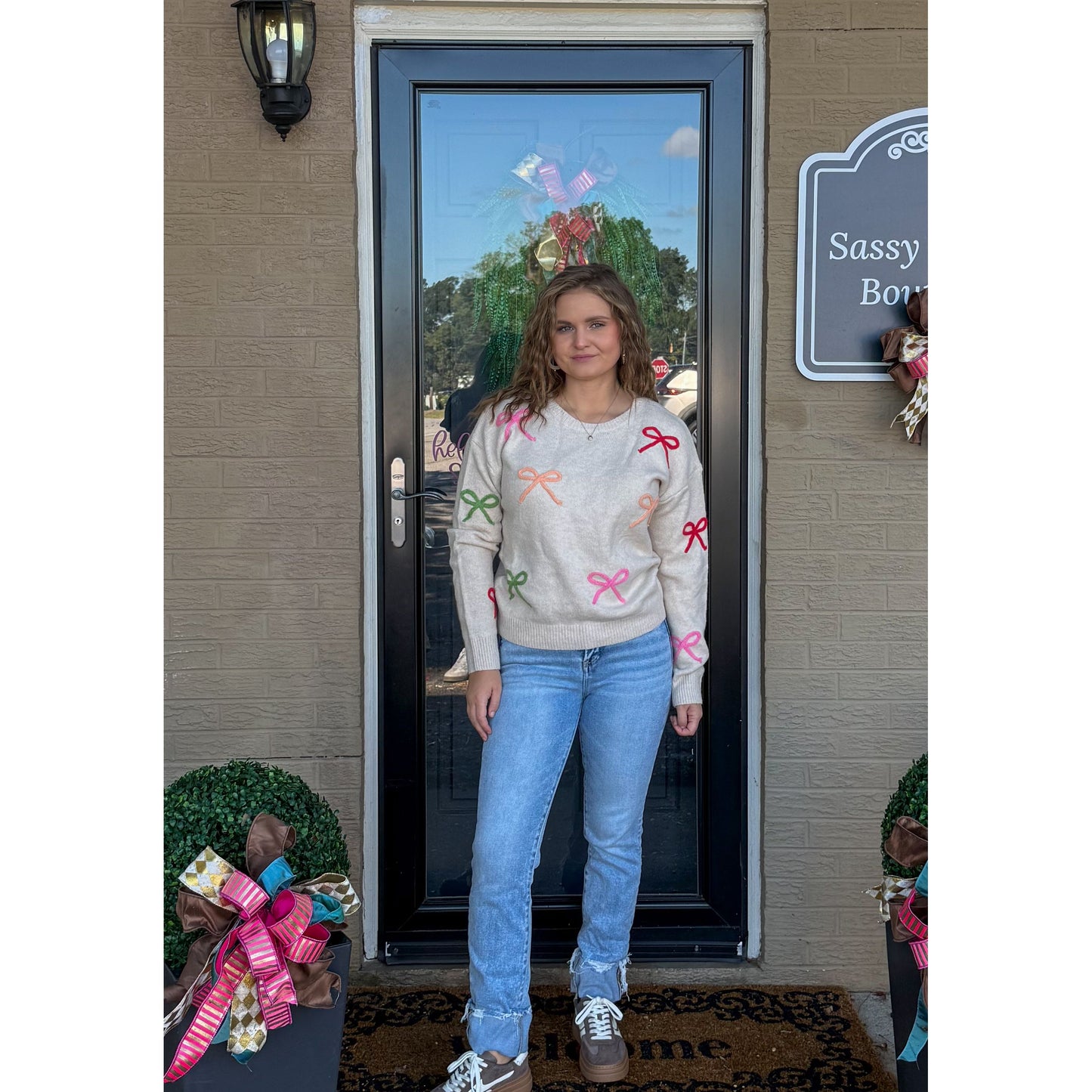 Multi-Color Bow Sweater, Taupe Multi