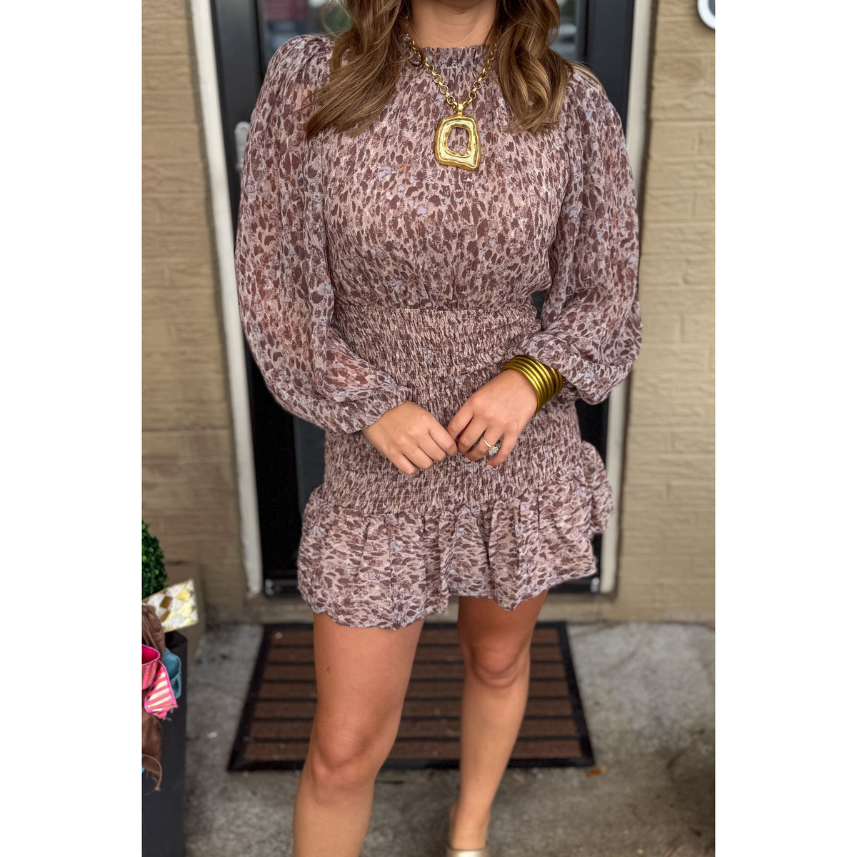 Parker Detail Mini Dress, Brown Multi