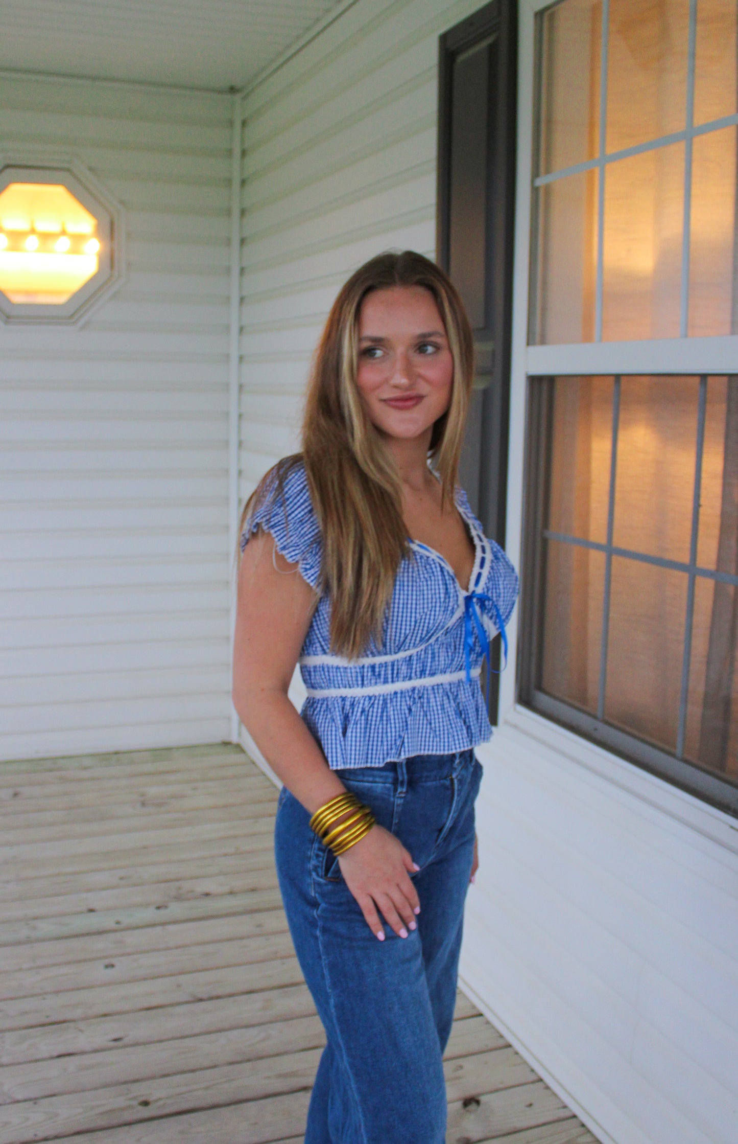 Hattie Gingham Top, Royal Blue/White