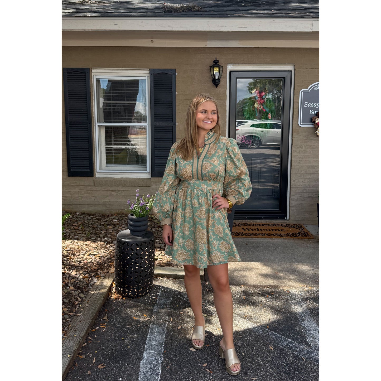 Jordyn Mini Dress, Gold/Sage Green