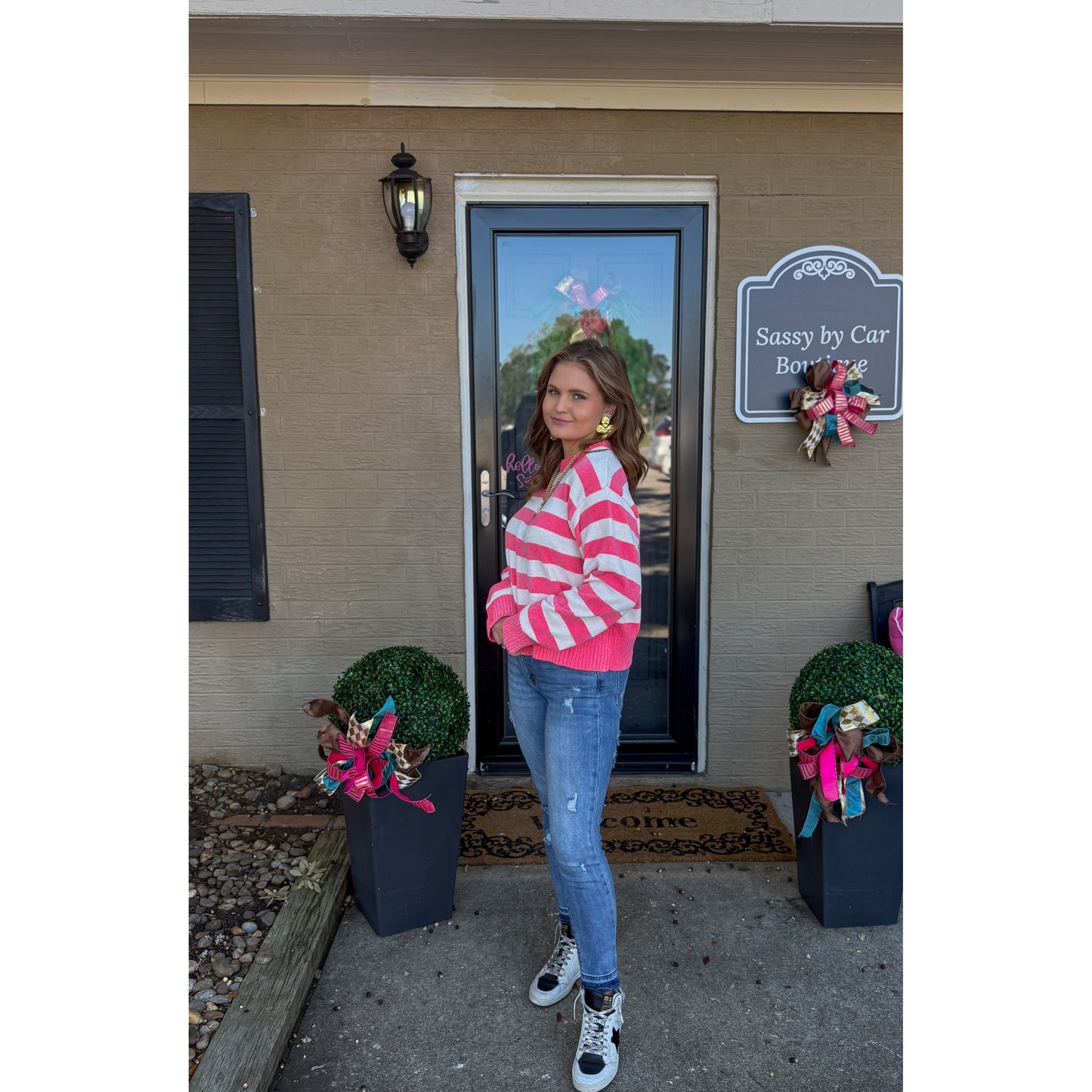 Demi Stripe Sweater, Pink/Off White