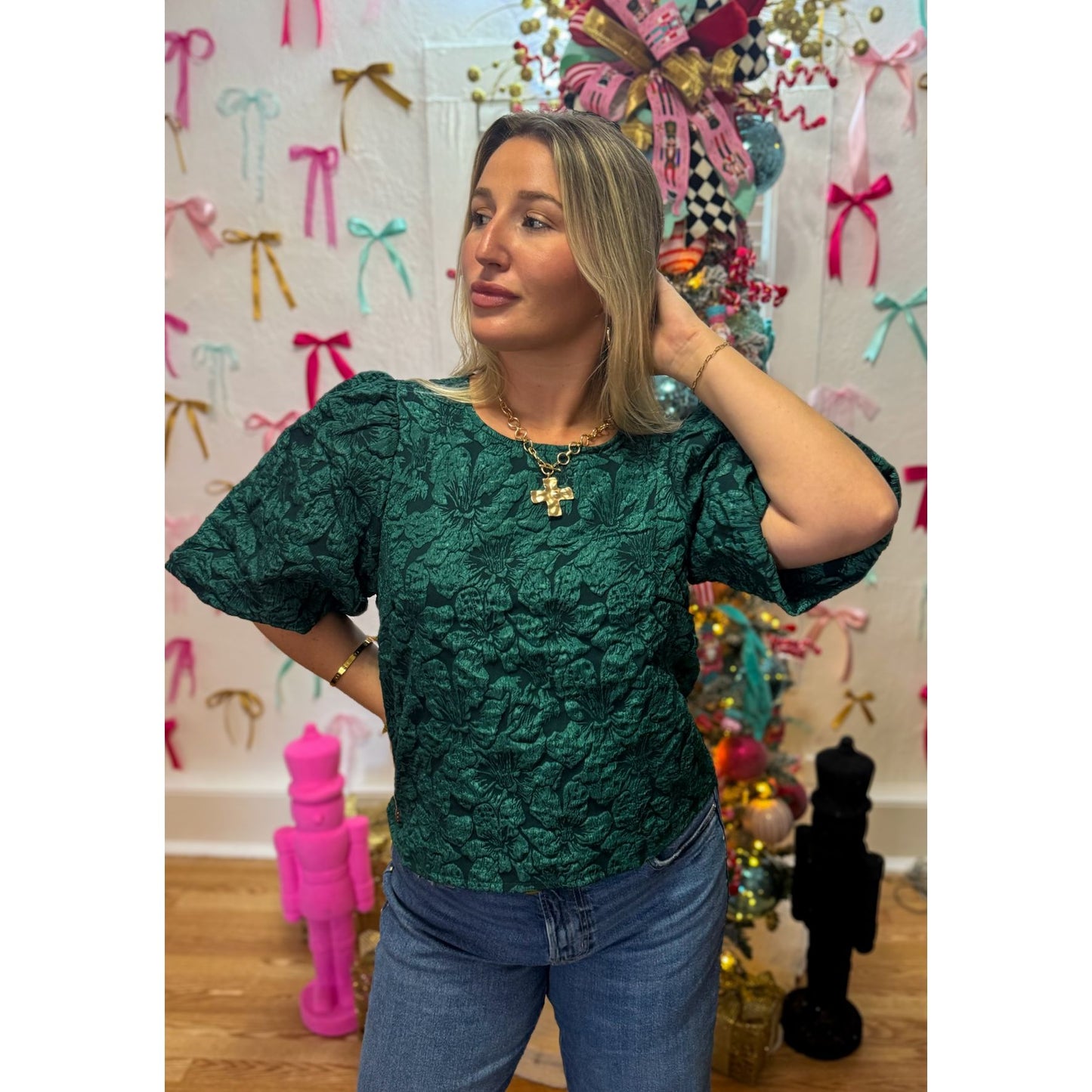 Hunter Green Floral Detail Blouse