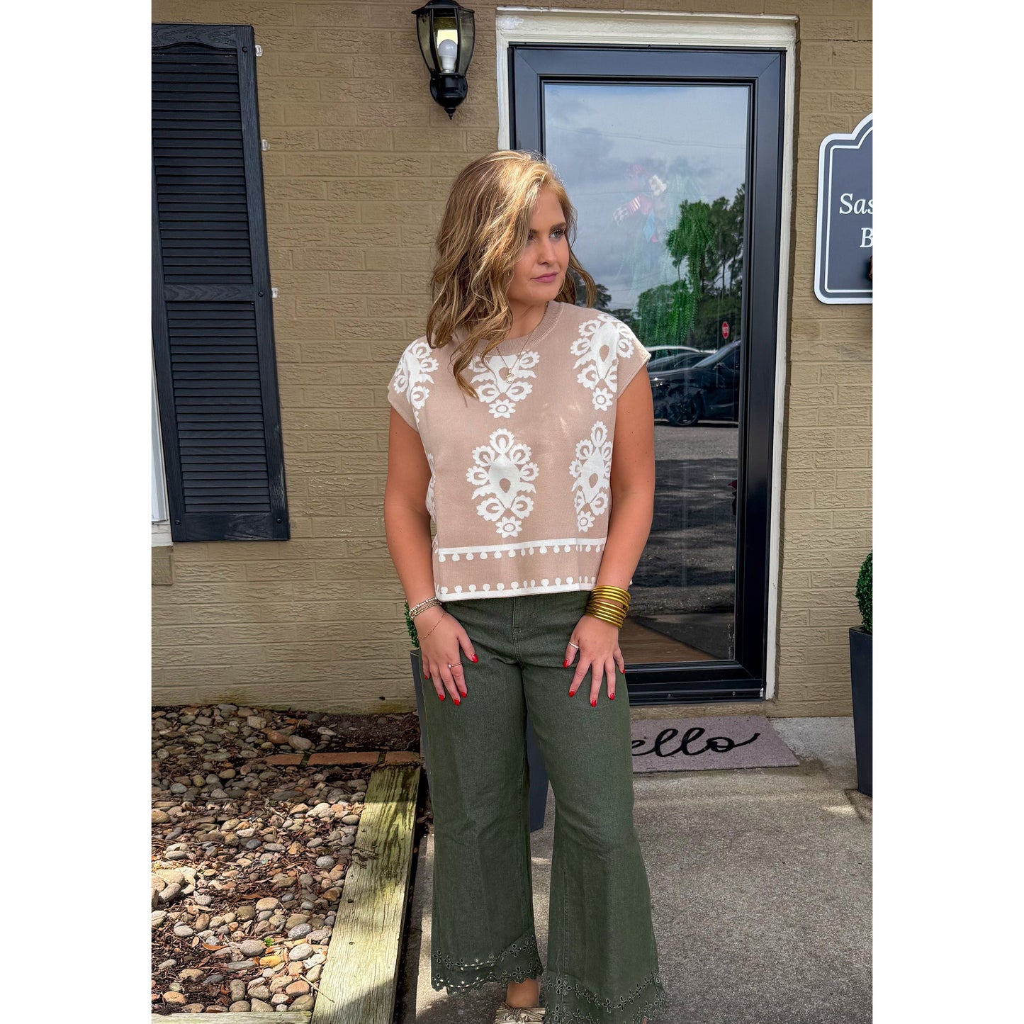 Darby Pattern Knit Top, Ivory/Taupe