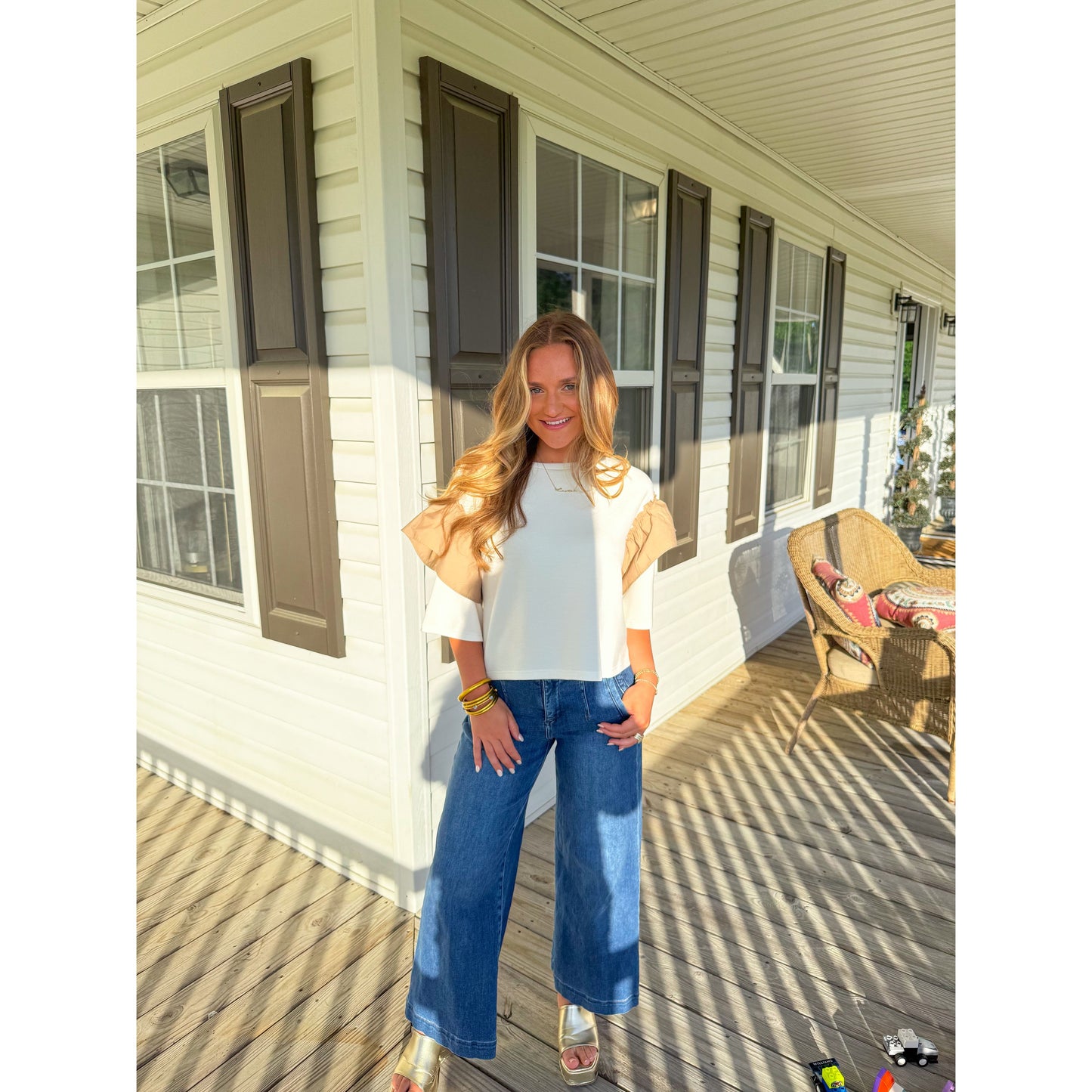Lilly Top w/ Taupe Sleeves, Off White/Taupe
