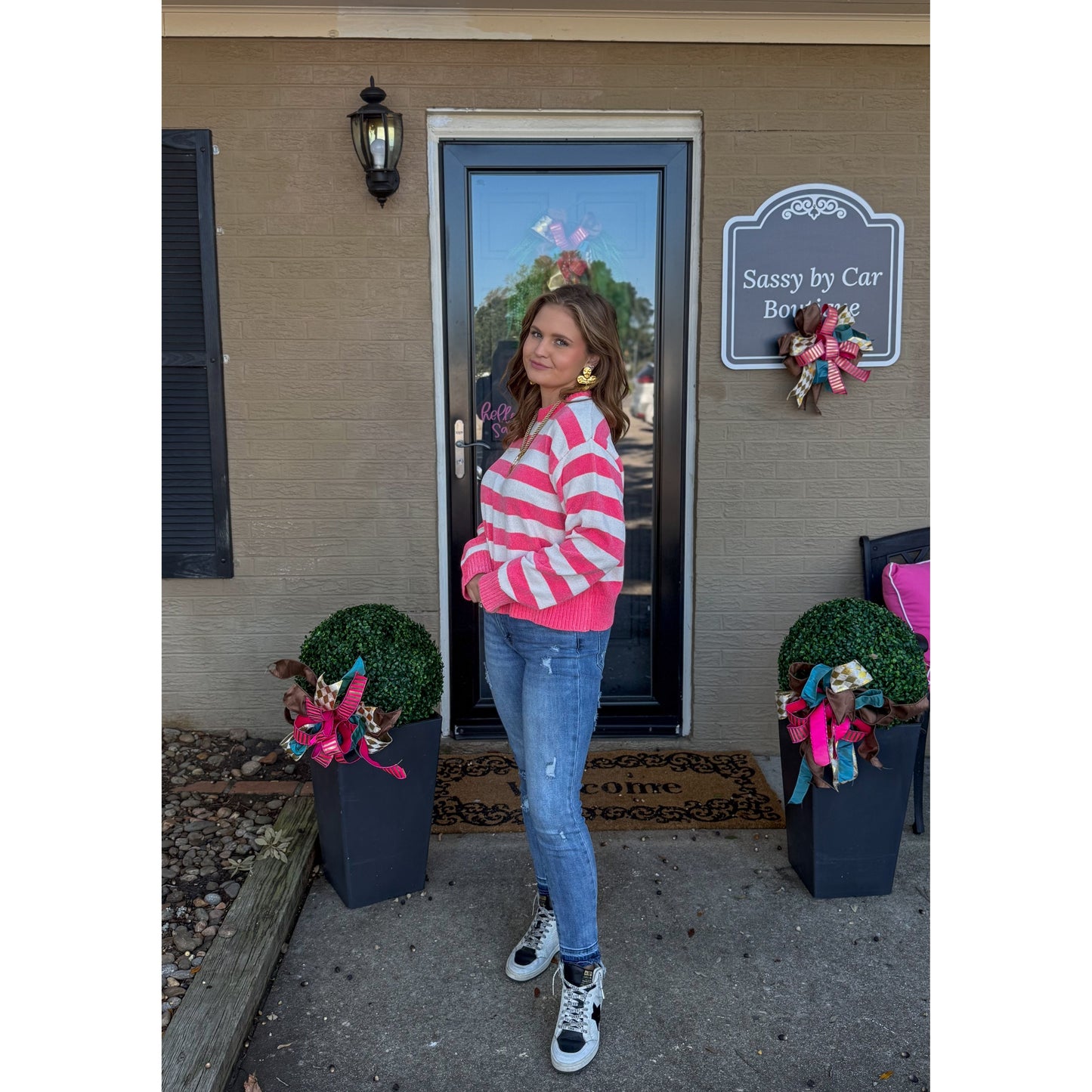 Demi Stripe Sweater, Pink/Off White