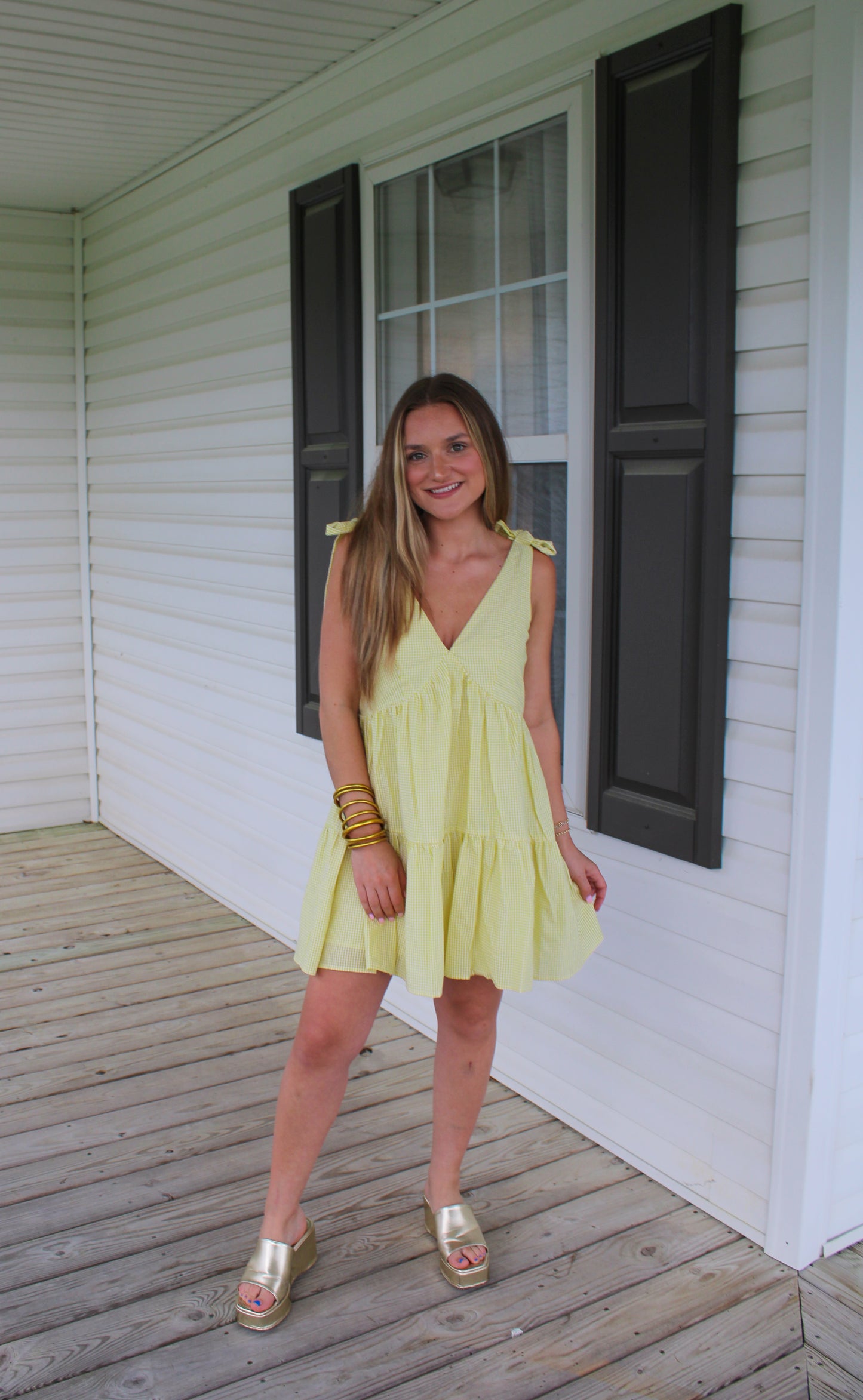 Vanessa Gingham Babydoll Dress, Baby Yellow/White