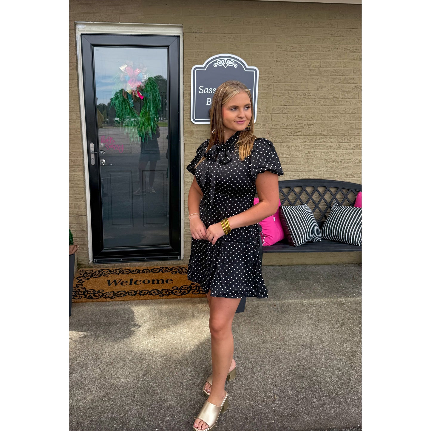 Polka Dot Mini Dress, Black/White