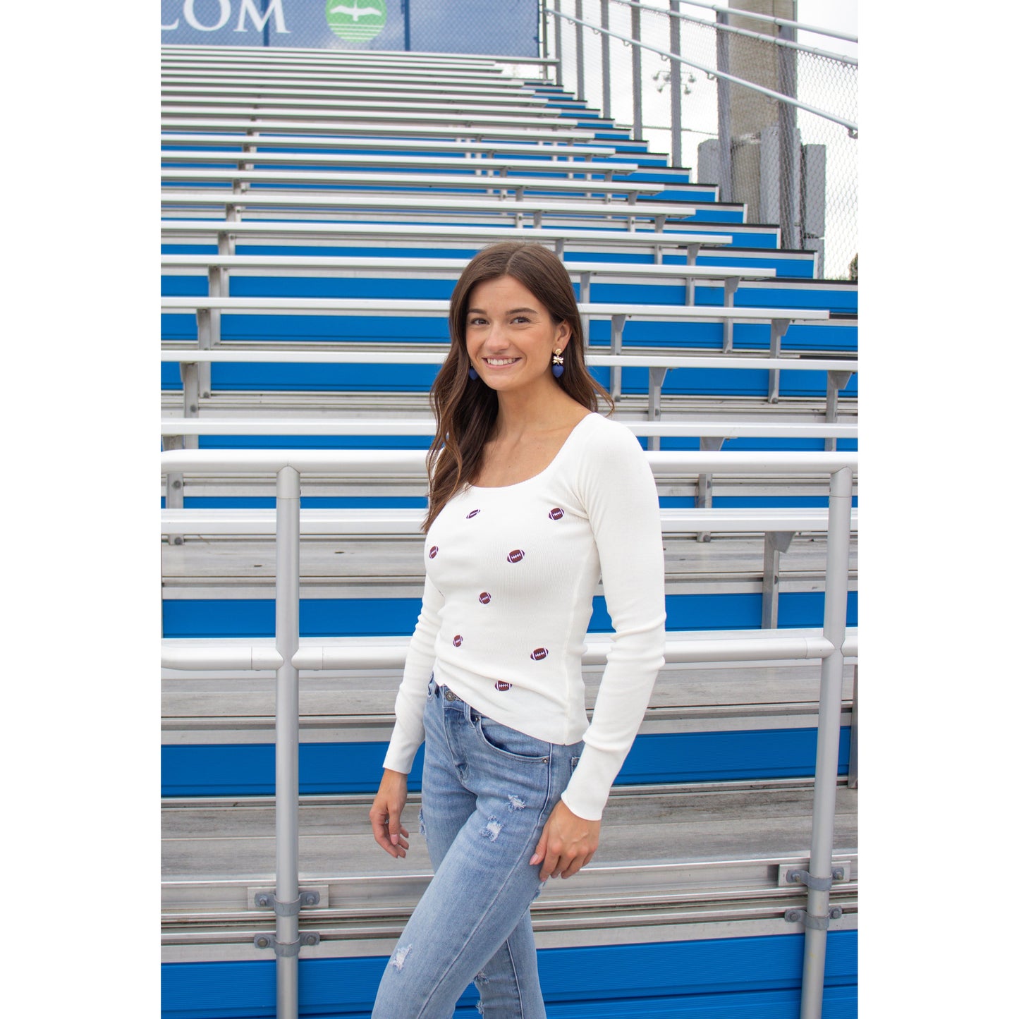 Sweater Knit Top w/ Footballs, Ivory